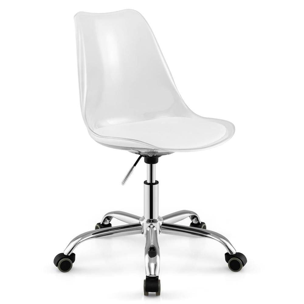 Front. Kadyn - Armless Rolling Office Chair - Swivel Seat, PU Leather Cushion, Clear + White + Silver - White.