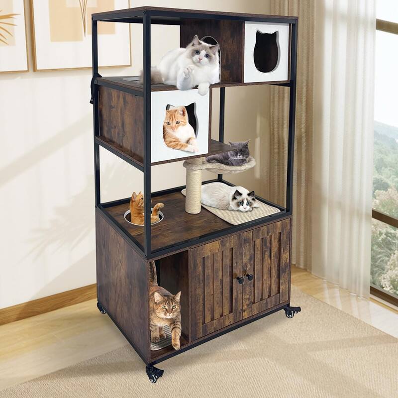 Alt View 4. GARVEE - Litter Box Enclosure with Cat Tree - Wooden Cabinet w/Wheels, Hidden Litter Box, Hammock & Scratching Post - Brown.