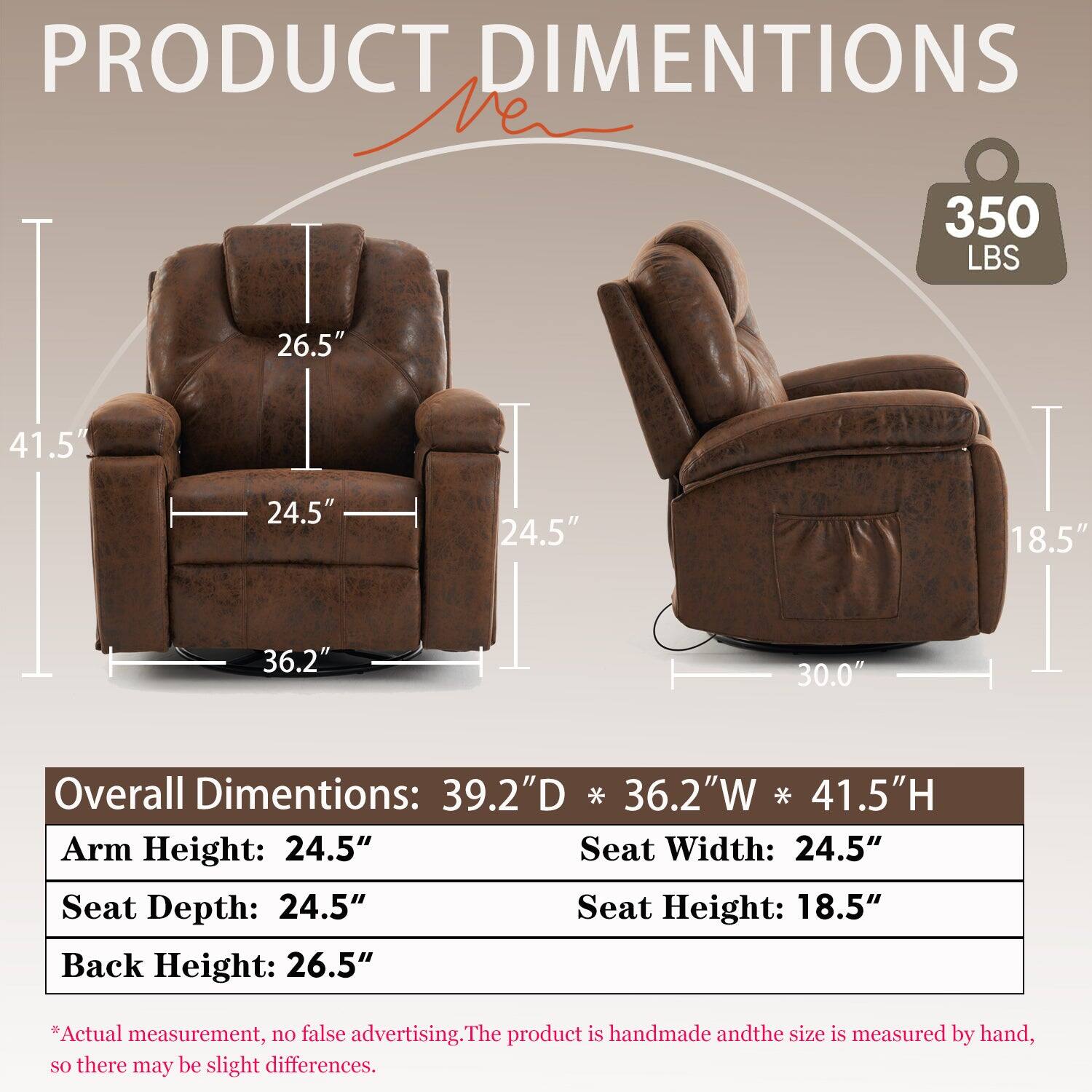 **PRODUCT DIMENSIONS**

- **Overall Dimensions:** 39.2" D * 36.2" W * 41.5" H
- **Arm Height:** 24.5"
- **Seat Width:** 24.5"
- **Seat Depth:** 24.5"
- **Seat Height:** 18.5"
- **Back Height:** 26.5"

**Weight Capacity:** 350 LBS

*Actual measurement, no false advertising. The product is handmade and the size is measured by hand, so there may be slight differences.*