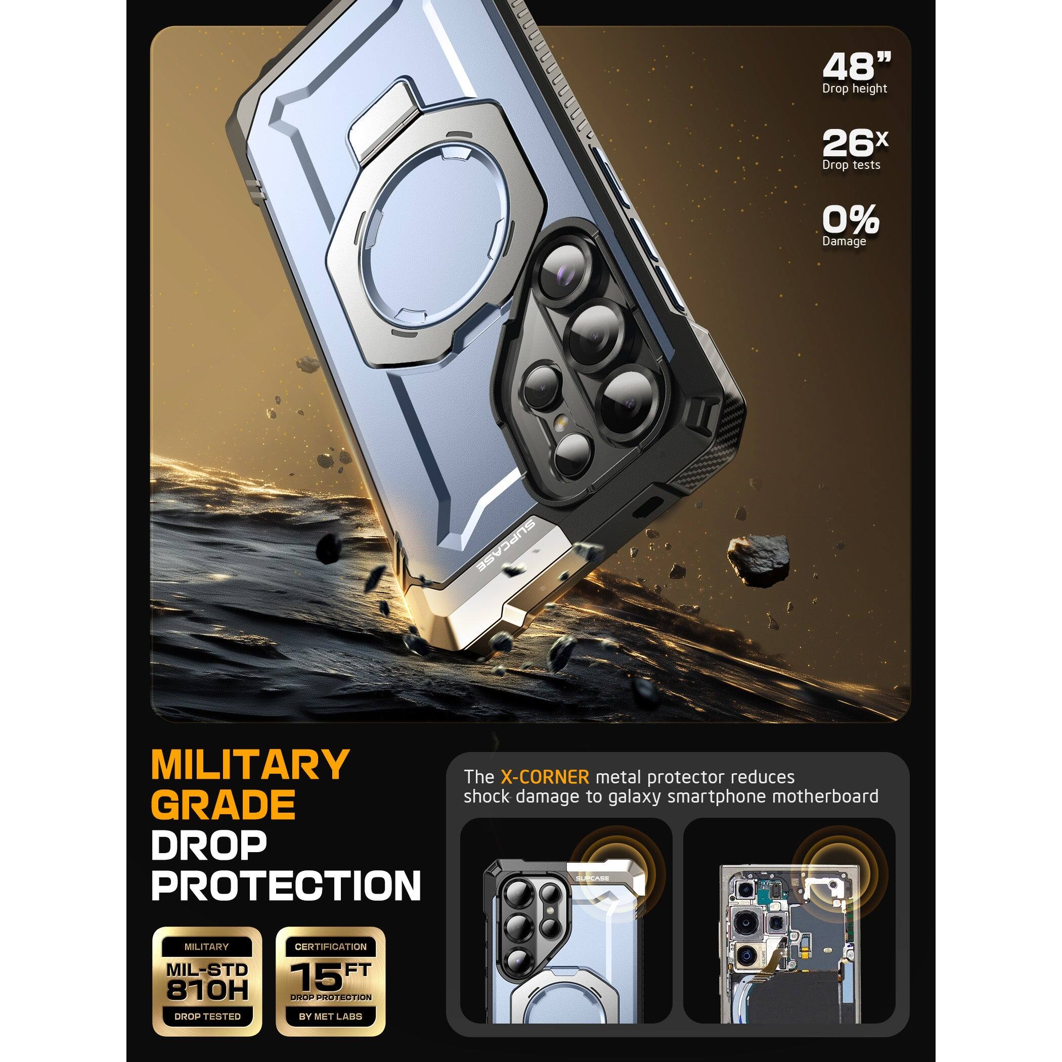 48" Drop height  
26x Drop tests  
0% Damage  

MILITARY GRADE DROP PROTECTION  

The X-CORNER metal protector reduces shock damage to galaxy smartphone motherboard  

MILITARY  
MIL-STD 810H  
DROP TESTED  

CERTIFICATION  
15 FT  
DROP PROTECTION  
BY MET LABS