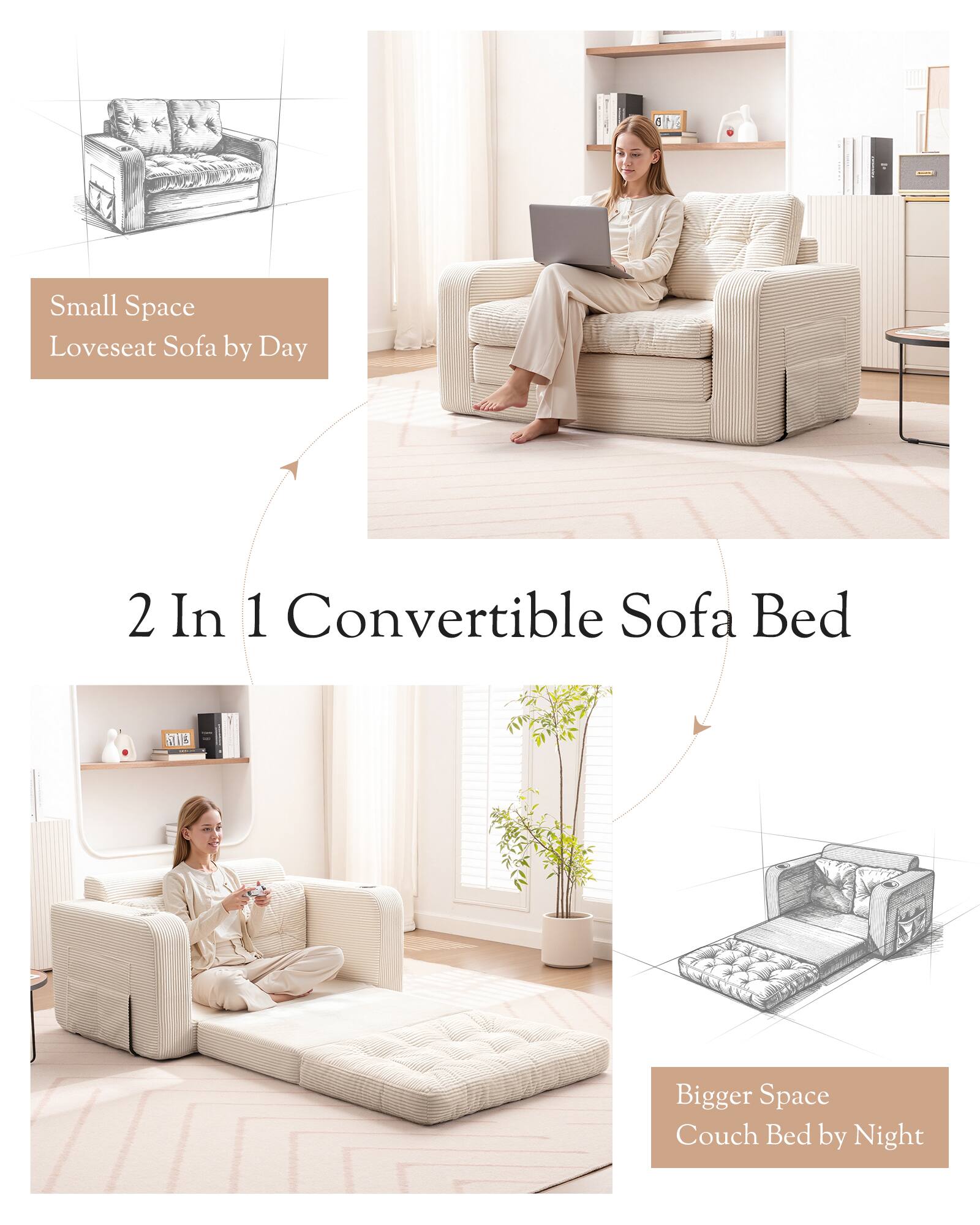 ON 4 I Small Space Loveseat Sofa by Day 2 In 1 Convertible Sofa Bed Bigger Space Couch Bed by Night