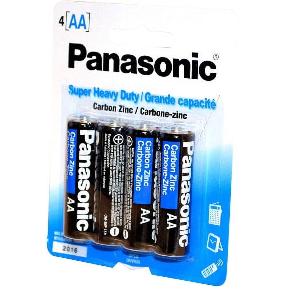 4 AA Panasonic  
Super Heavy Duty / Grande capacité  
Carbon Zinc / Carbone-zinc  
Made in Indonesia  
Carbon Zinc Corporation  
2016  
OUVRIR