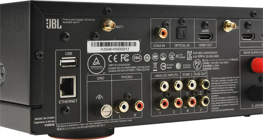 Product name: JBL MA710 UBL ANT1 eARC T2 1 COAX IN OPTICAL IN HDMI OUT HJ0048-KN0000013 USB R-R-SEC-XXXXXXXXX 210 R 203525 A/S 02-553-3494 CE FC CQc 10 a0o ID: XXXXXXXXXX RXXXXXXX PS CMIIT 500W TVRheinland ID:APIAP72598V XCO-QCC5181 RoHS XXXXXXX E Contains FCC 50/60Hz Contains IC:6132A-AP72598V, 7756A-QCC5181 C US OUT INPUTS ZONE 2 SUB PHONO ANALOG complies with Part 15 of the FCC rules. This device may cause harmful interference to radio and television reception, and operation is subject to the FCC rules. Changes or modifications not expressly approved by the party responsible for compliance could void the user's authority to operate the equipment. This device is made in China.