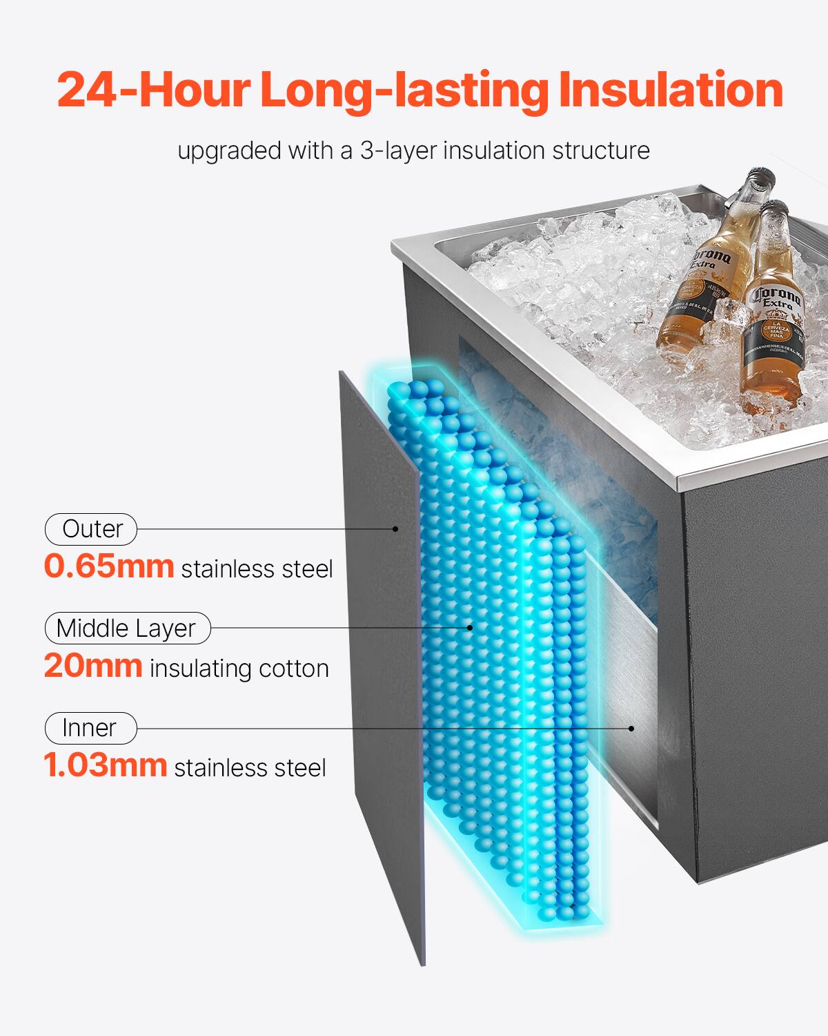 24-Hour Long-lasting Insulation  
upgraded with a 3-layer insulation structure  

Outer  
0.65mm stainless steel  

Middle Layer  
20mm insulating cotton  

Inner  
1.03mm stainless steel