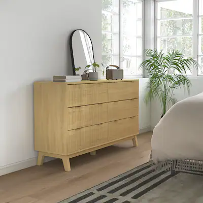 HOMCOM Fluted Dresser for Bedroom with 6 Drawers, 54" Wide Chest of Drawers with Gold Finger Pulls and 5 Wood Legs, Natural Wood HOMCOM Fluted Dresser for Bedroom with 6 Drawers, 54" Wide Chest of Drawers with Gold Finger Pulls and 5 Wood Legs, Natural Wood