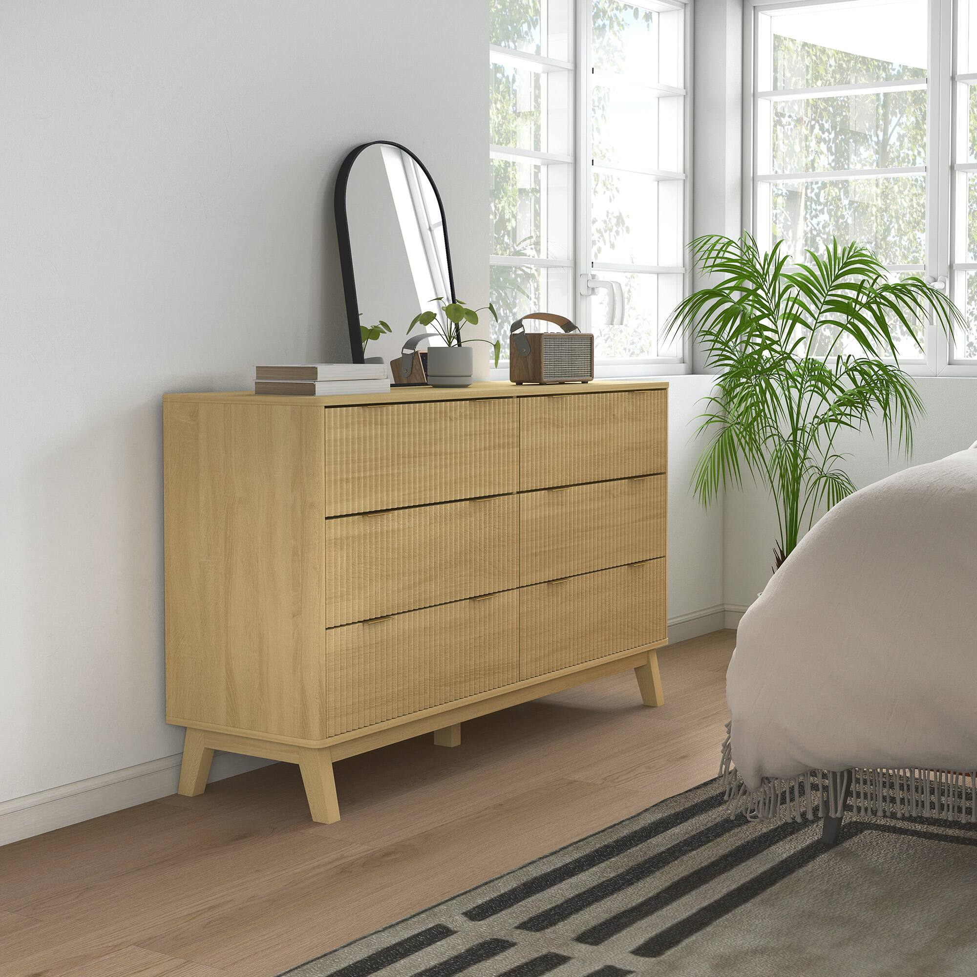 Alt View 8. Homcom - Fluted Dresser for Bedroom with 6 Drawers, 54" Wide Chest of Drawers with Gold Finger Pulls and 5 Wood Legs - Natural Wood.