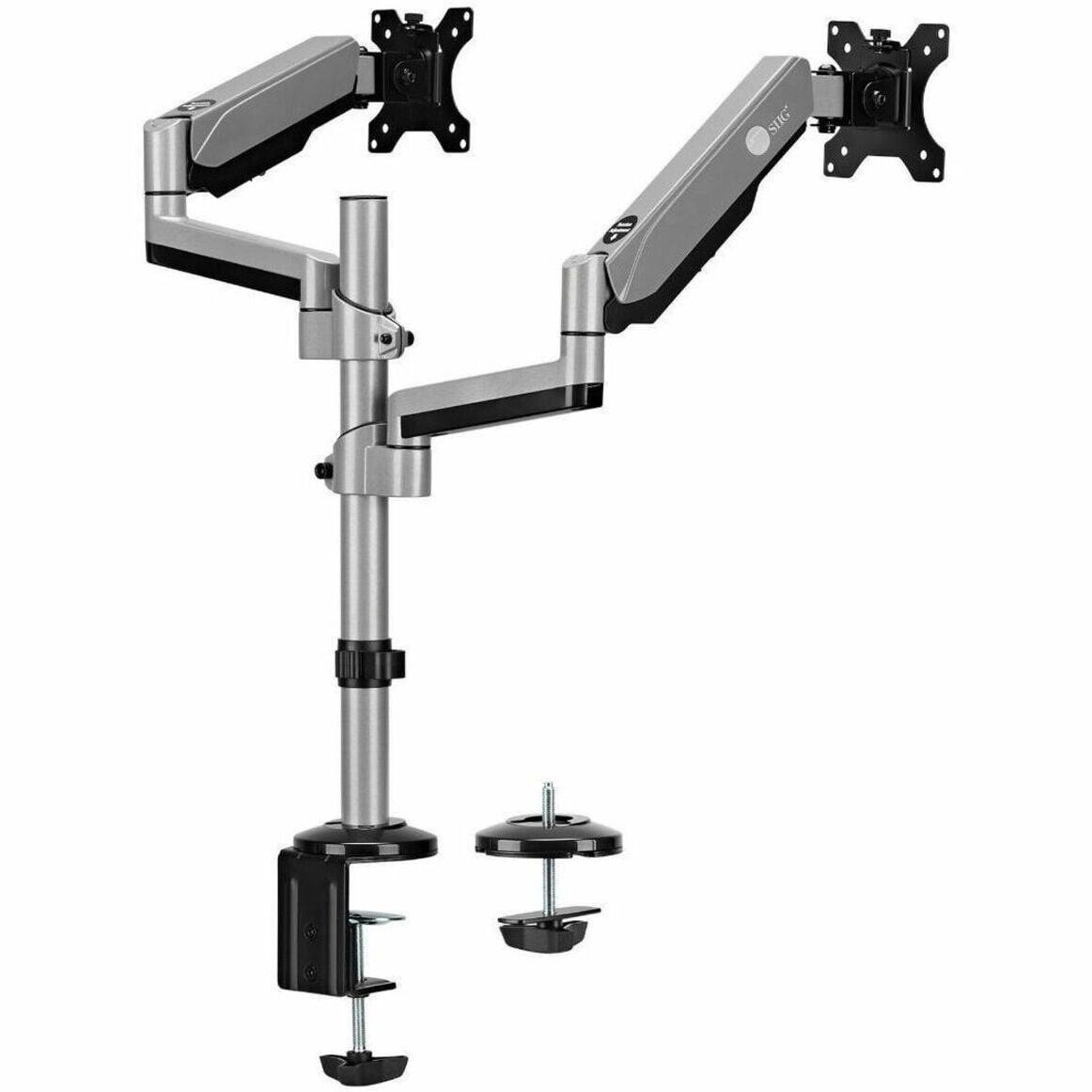 Front. SIIG - Dual Stacked Monitor Arm Desk Mount - 17" - 32" - Max Load 19.8 lbs for each arm - VESA 75/100mm (CEMT3R11S1) - Silver.