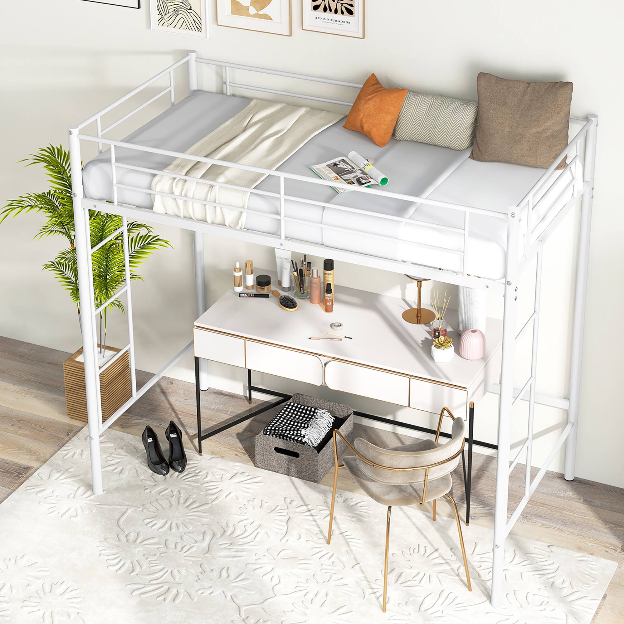 Alt View 8. Gymax - Gymax Twin Metal Loft Bed Frame w/ 2 Ladders Full-length Guardrail Space-Saving White - White.