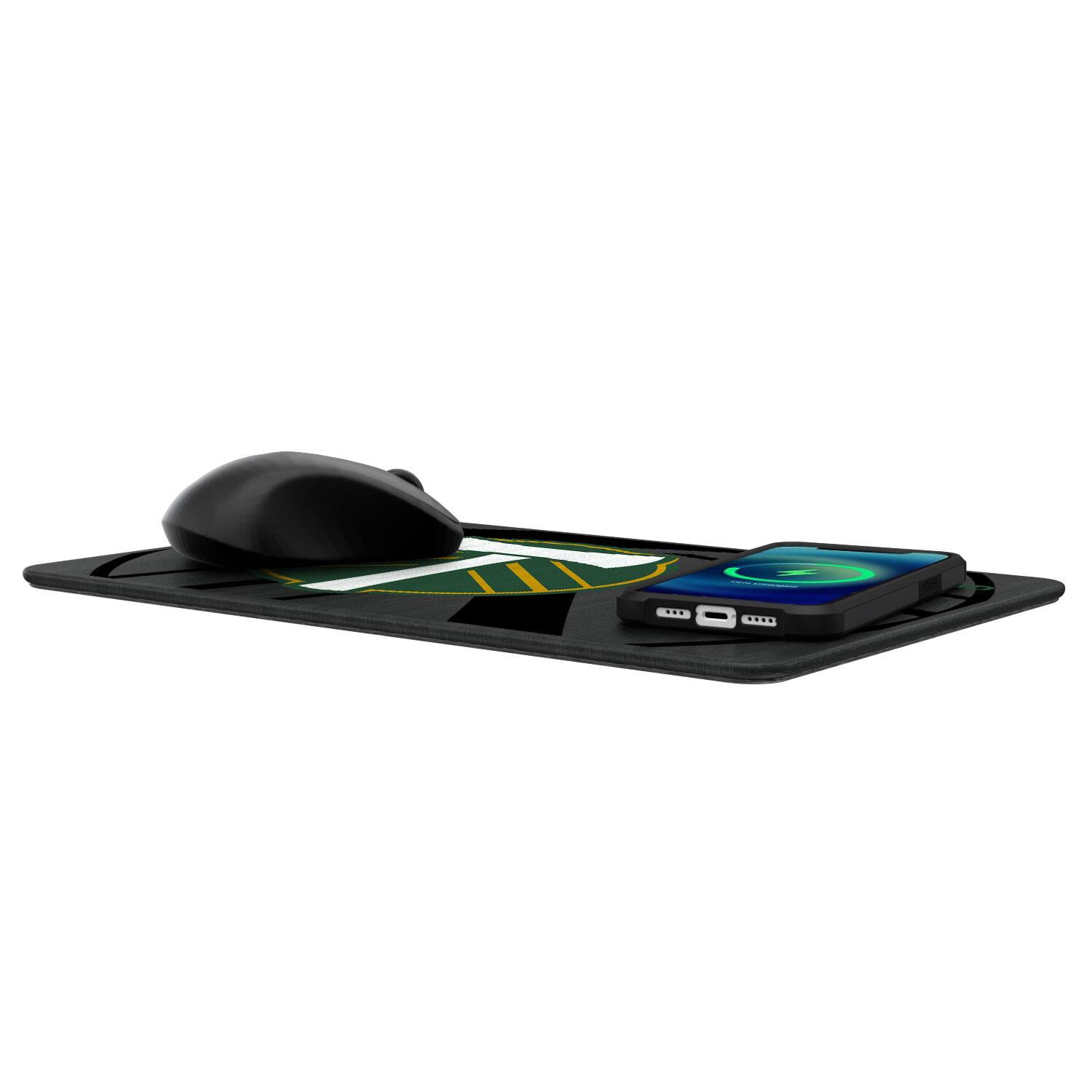 The image shows a gaming setup featuring a black mouse and a smartphone placed on a mouse pad. The mouse pad has a green and yellow geometric design. The smartphone is connected to a device with multiple ports, including USB and HDMI.