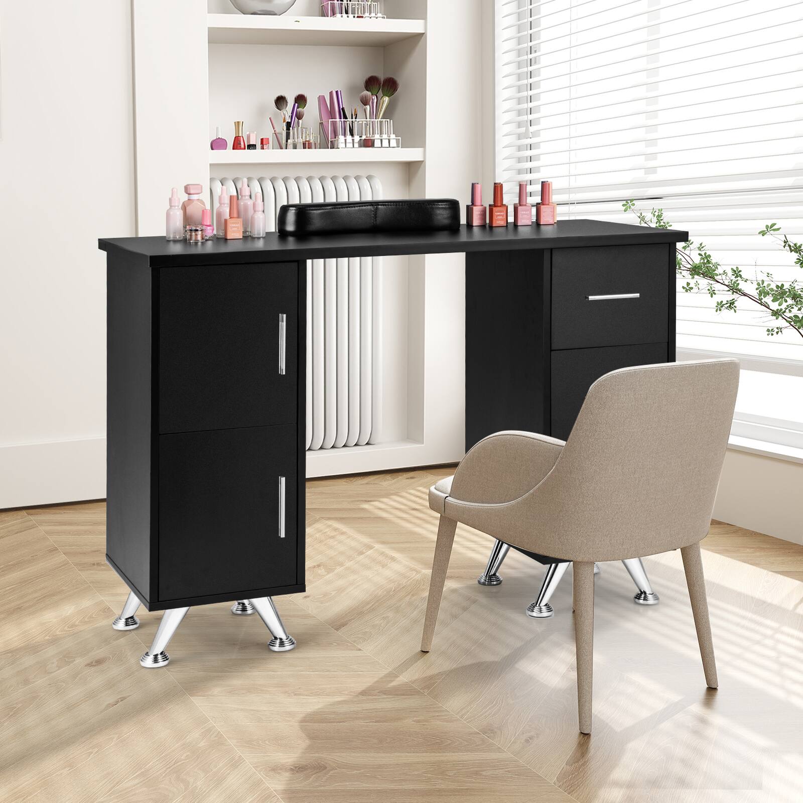 Alt View 3. Costway - Costway Wooden Nail Desk Station with Removable Wrist Rest Metal Legs & 3 Drawers, 2 Cabinets - Black.
