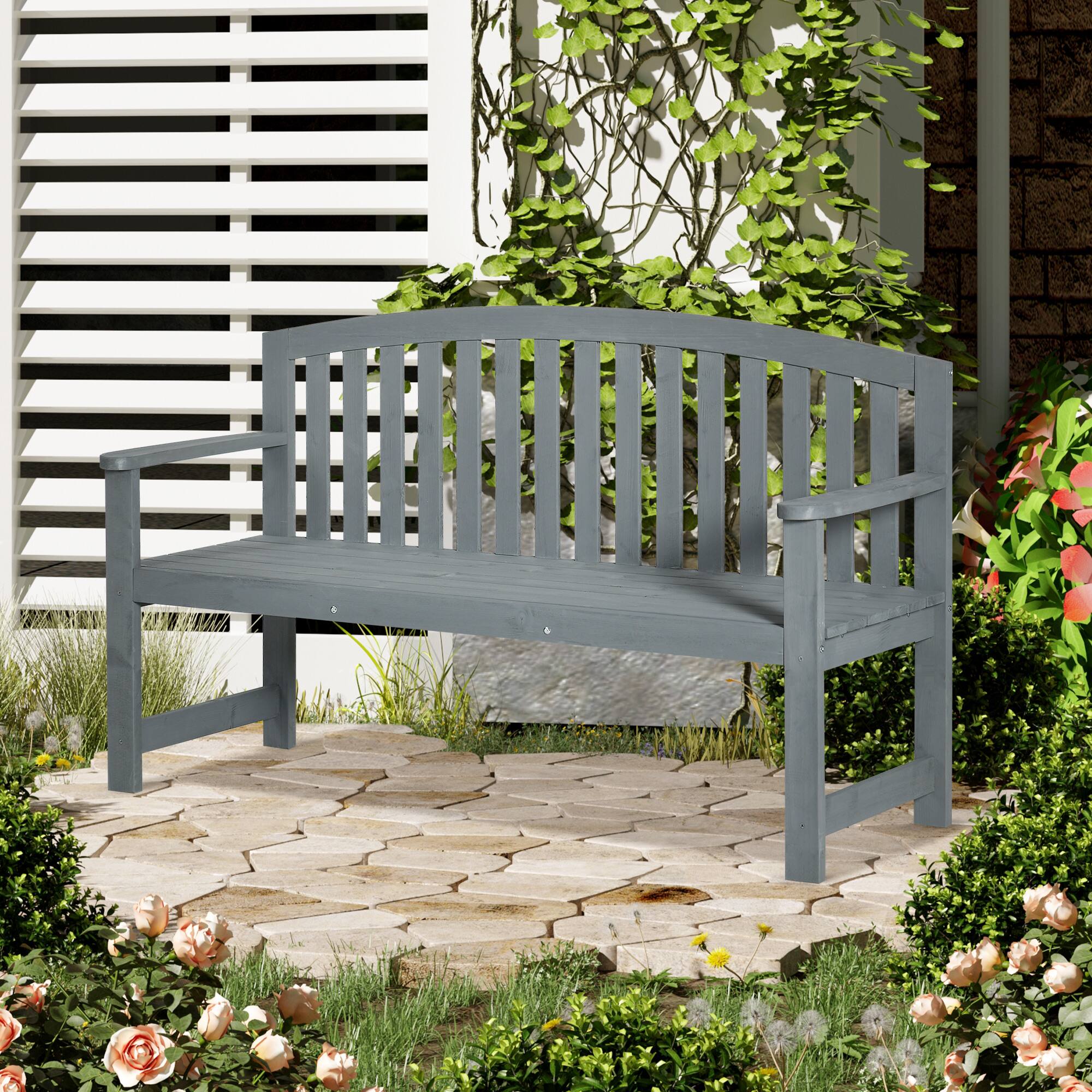 Alt View 1. Outsunny - Outdoor Wood Bench, 2-Seater Garden Bench with Backrest and Armrest, Patio Bench for Patio, Porch, Poolside - Gray.