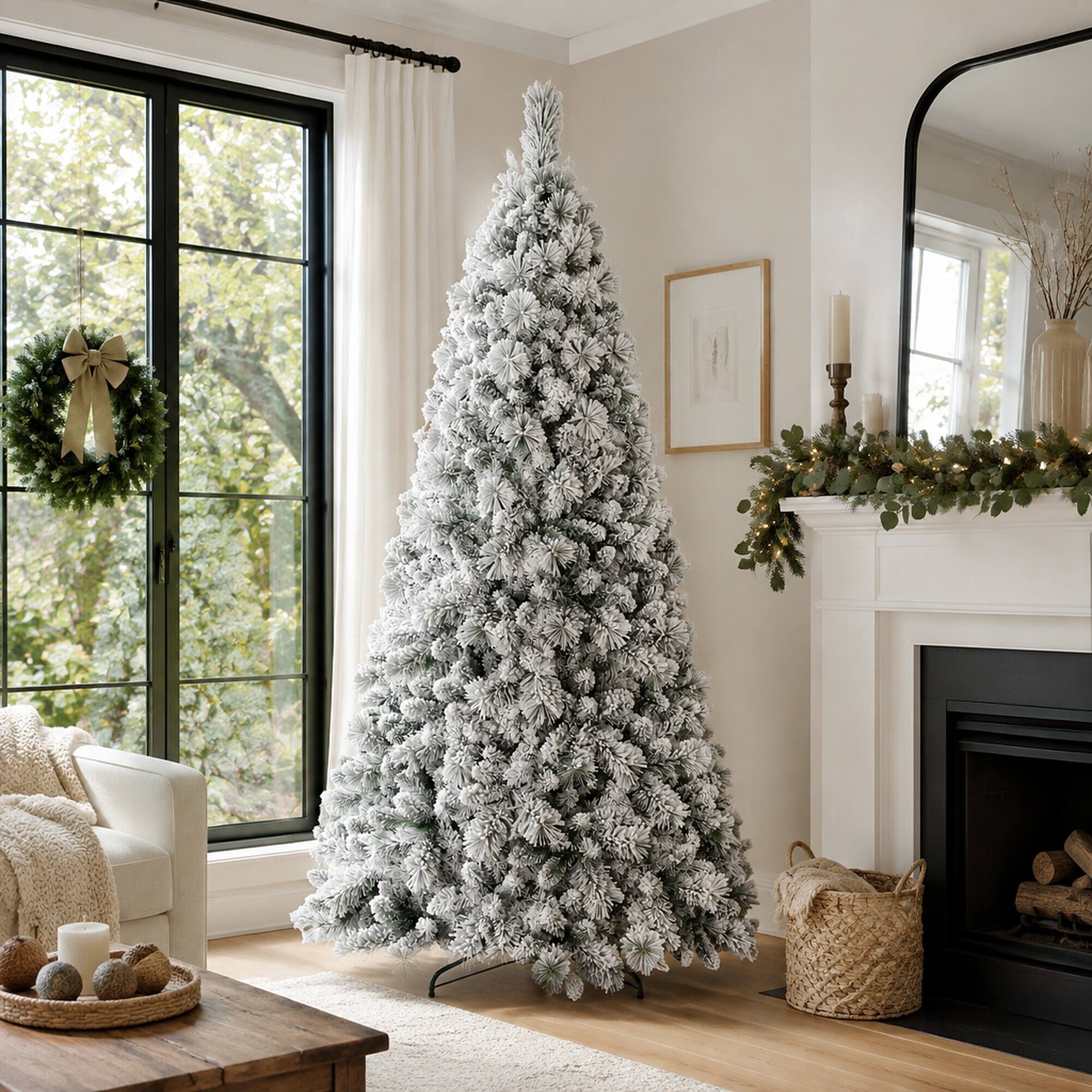 Back. RYHNUYNE - 7.5FT Flocked Christmas Tree, 1252 Snowy PVC Hard Needle Branches Hinged Design Easy Setup Stable Metal Stand - Green,White.