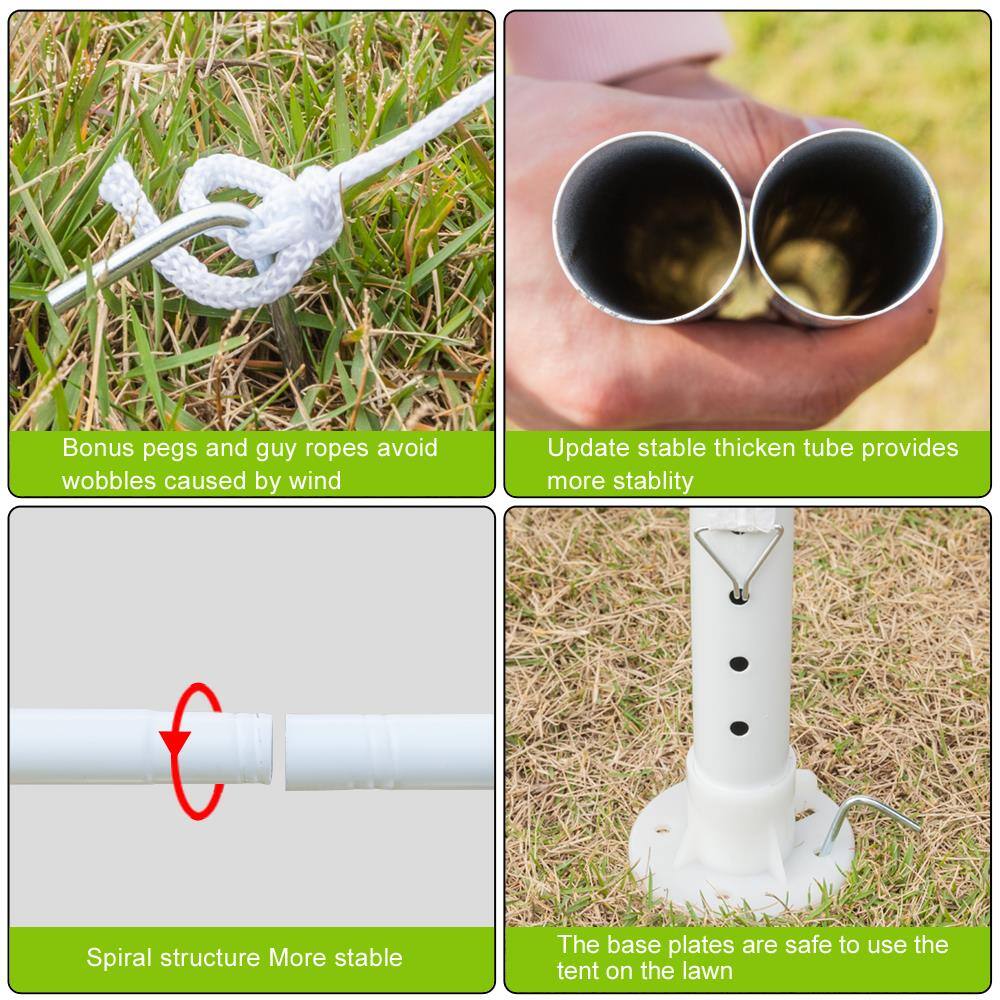 - Bonus pegs and guy ropes avoid wobbles caused by wind
- Update stable thickened tube provides more stability
- Spiral structure More stable
- The base plates are safe to use the tent on the lawn