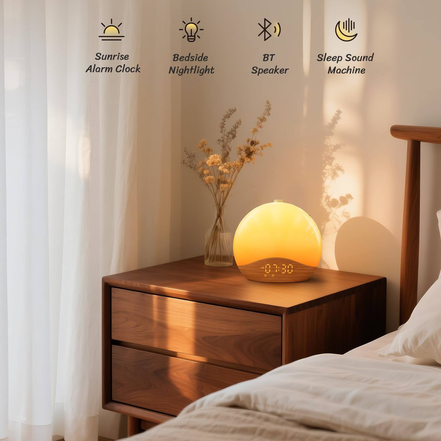 Sunrise Alarm Clock  
Bedside Nightlight  
BT Speaker  
Sleep Sound Machine  

07:30