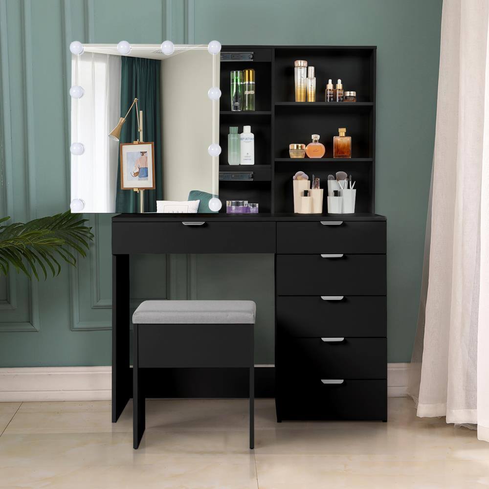 Alt View 4. Winado - Vanity Table Set 10 LED Mirror Makeup Cabinet with 6 Drawer Storage, Open Shelves Dresser Desk - Black.