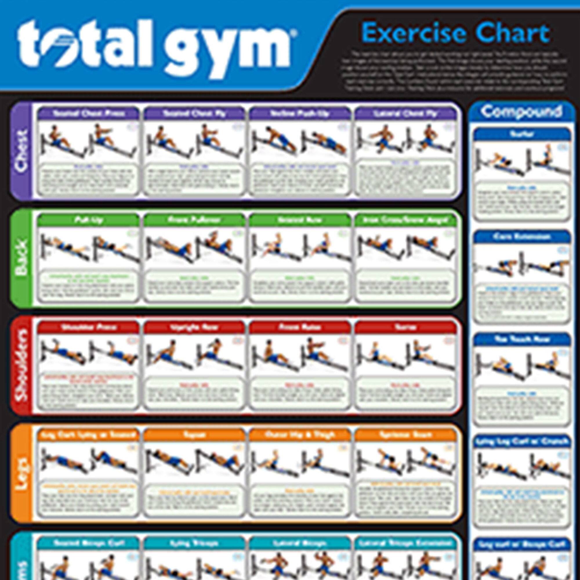 Sure, here is the corrected and grouped text from the image:

---

**Total Gym Exercise Chart**

**Chest:**
- Standard Chest Press
- Standard Chest Fly
- Incline Chest Press
- Incline Chest Fly

**Back:**
- Lat Pulldown
- Seated Row
- Bent-Over Row
- Lat Fly

**Shoulders:**
- Shoulder Press
- Lateral Raise
- Front Raise
- Rear Delt Fly

**Legs:**
- Leg Extension
- Leg Curl
- Leg Press
- Calf Raise

**Compound:**
- Squat
- Deadlift
- Bench Press
- Pull-Up

**Core:**
- Plank
- Russian Twist
- Bicycle Crunch
- Leg Raise

**Arms:**
- Bicep Curl
- Tricep Extension
- Hammer Curl
- Skull Crusher

**Legs (continued):**
- Leg Press
- Calf Raise
- Leg Extension
- Leg Curl

**Core (continued):**
- Plank
- Russian Twist
- Bicycle Crunch
- Leg Raise

**Arms (continued):**
- Bicep Curl
- Tricep Extension
- Hammer Curl
- Skull Crusher


