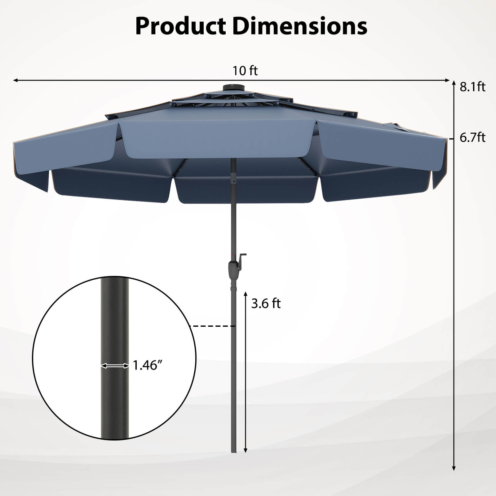 Product Dimensions 10 ft 8.1ft 6.7ft 3.6 ft 1.46"