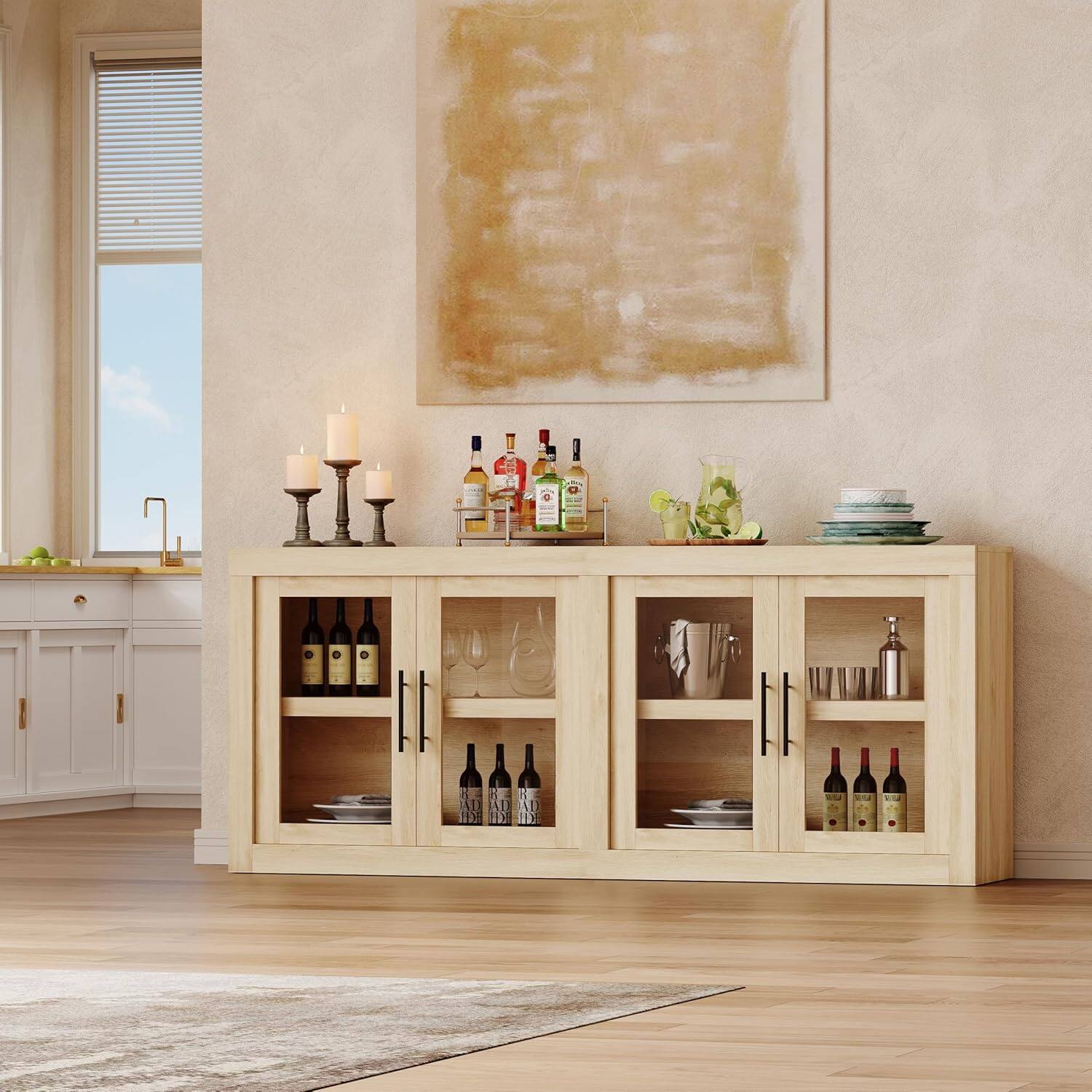 Back. Jojoka - 70.8" Mid-Century Modern Sideboard Buffet Cabinet with 4 Glass Doors & Modular Storage - Natural.