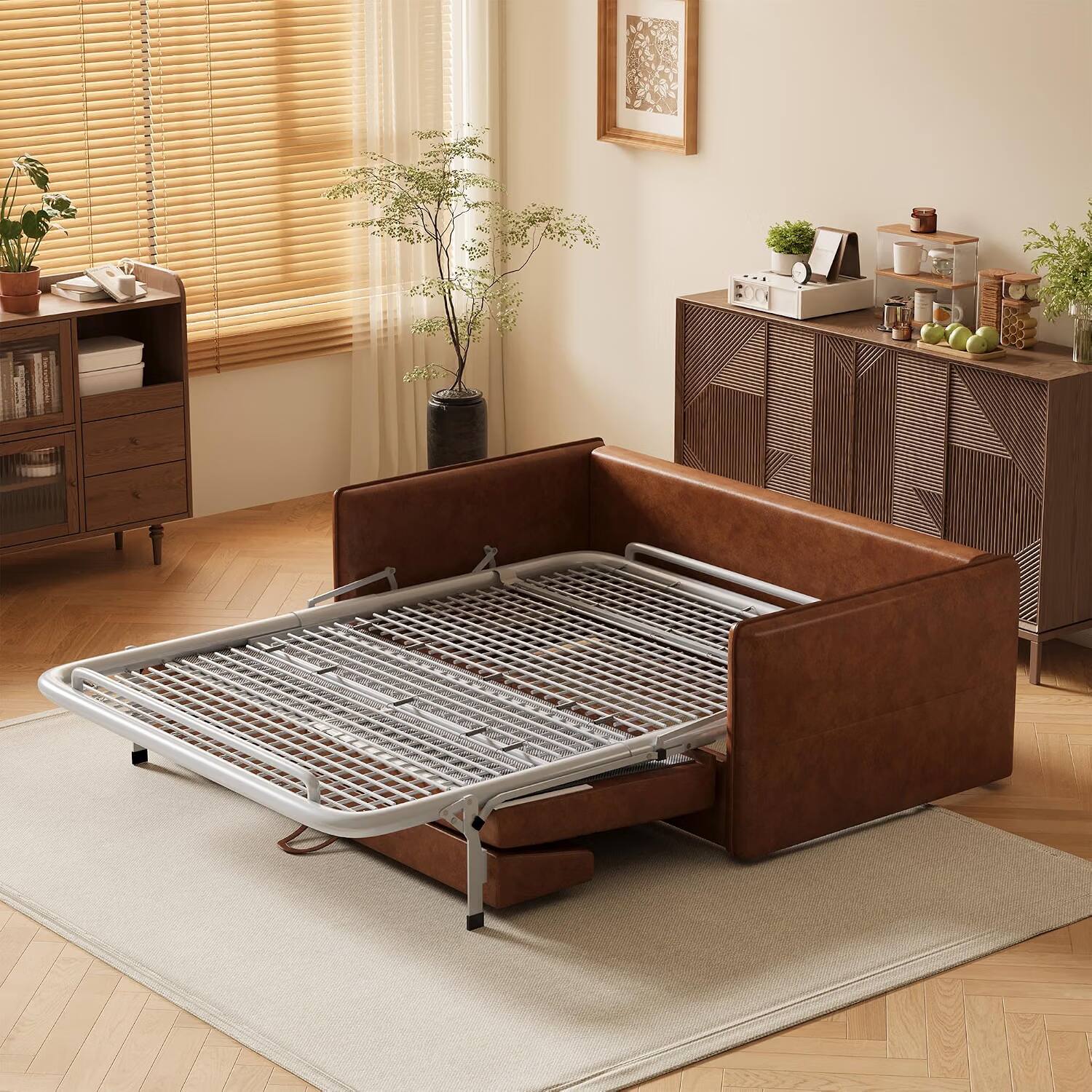Alt View 2. luck idea - 63" Modern Sleeper Sofa Bed, Oil Wax Leather Couch with High-Density Foam Cushions (Mattress Included) - brown.