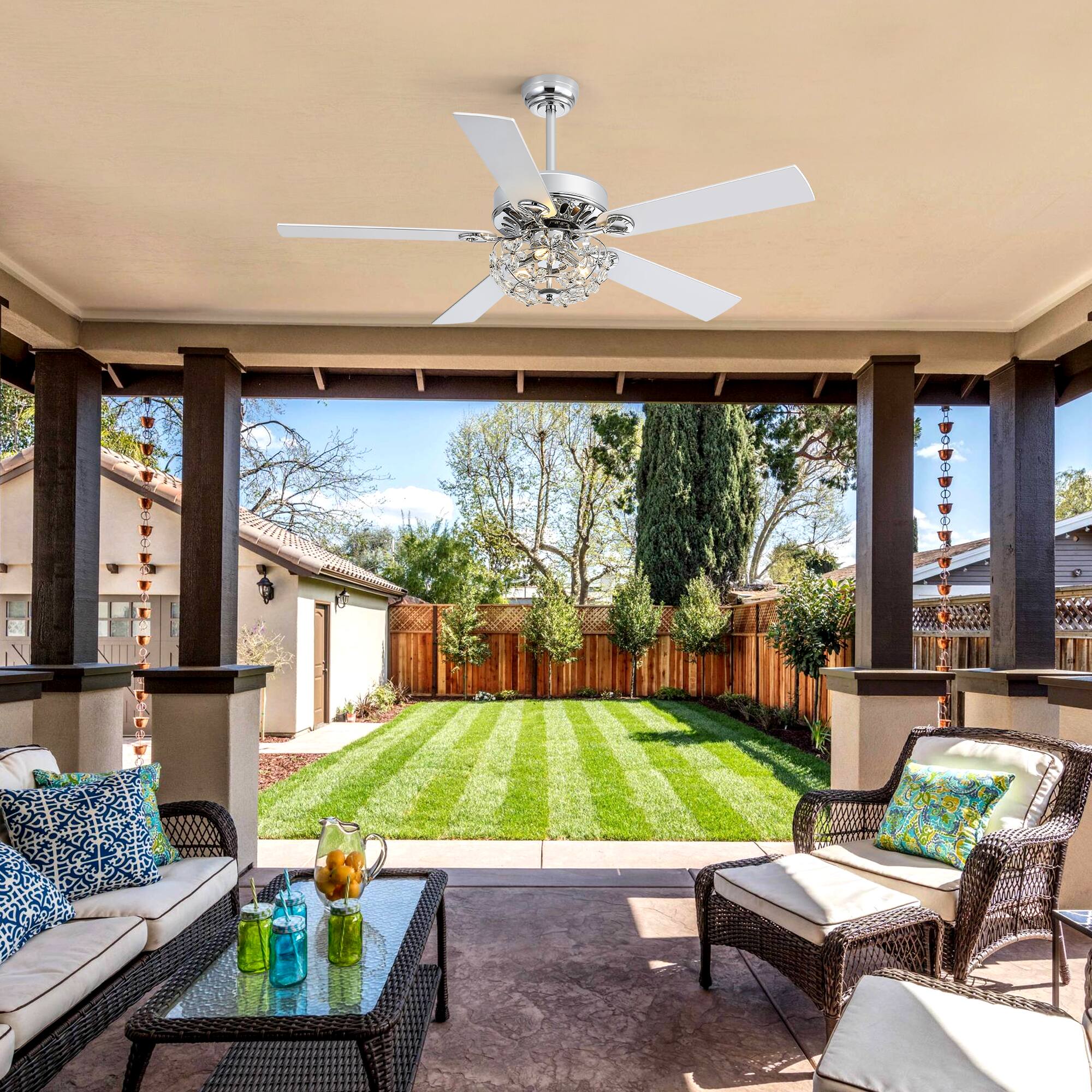 Alt View 1. Breezary - 52-Inch Crystal Chandelier Ceiling Fan with 5 Reversible Blades, 6-Speed Remote, Timer, 5"/10" Downrod Mount - chrome and silver.