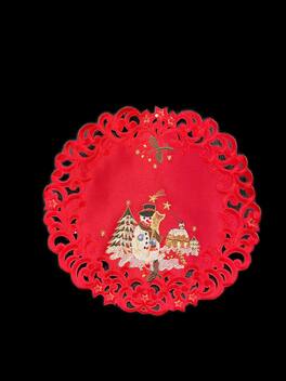 Jiallo - Snow Man Embroidered Cutwork Round Placemat, 12-Inch diameter Table Linen - Red