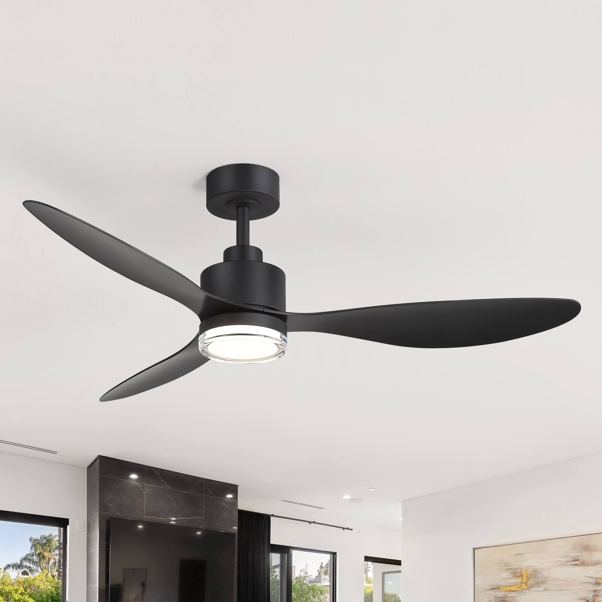 Alt View 2. Breezary - 52-Inch Modern LED Ceiling Fan with Remote, 6'' Downrod, 3 ABS Blades, 6-Speed DC Motor, Reversible & Timer - black.