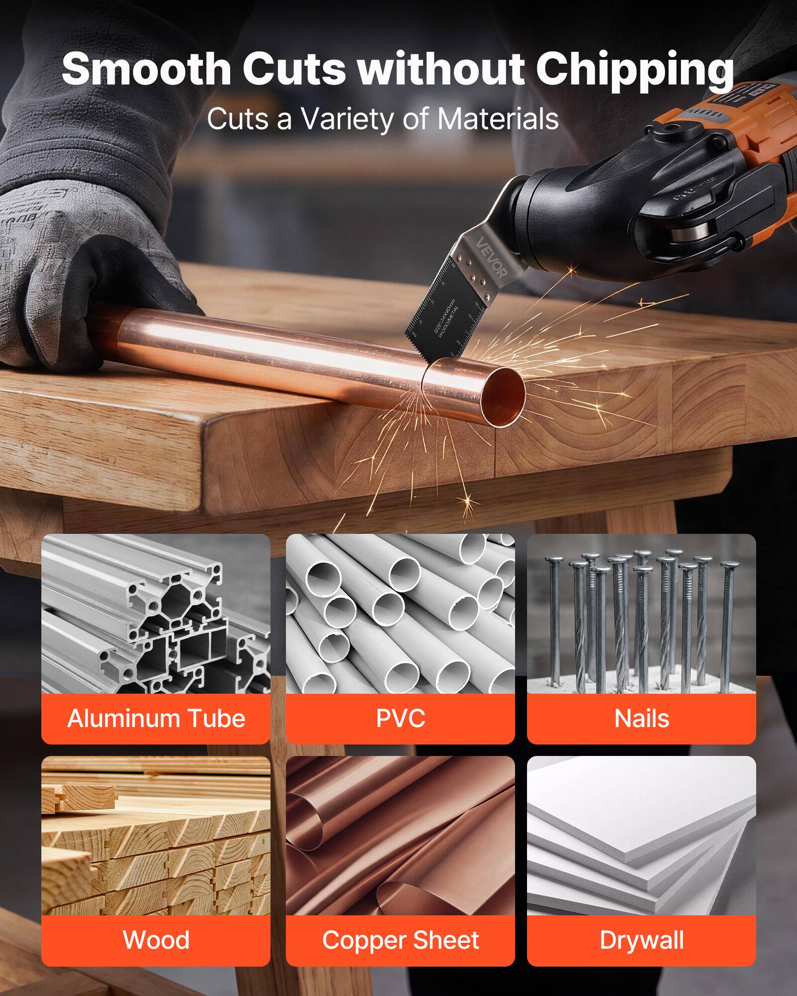 Smooth Cuts without Chipping  
Cuts a Variety of Materials  

Aluminum Tube  
PVC  
Nails  
Wood  
Copper Sheet  
Drywall