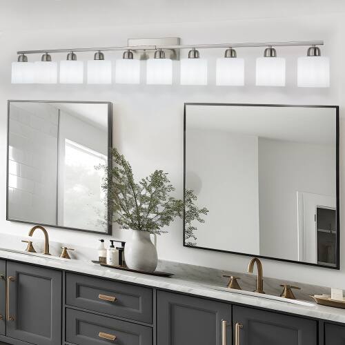 Back. LUCKY ONE - 65in Wall Mount Vanity Light, 10-Light Brushed Nickel Sconce with Milky White Glass Shades - Chrome.