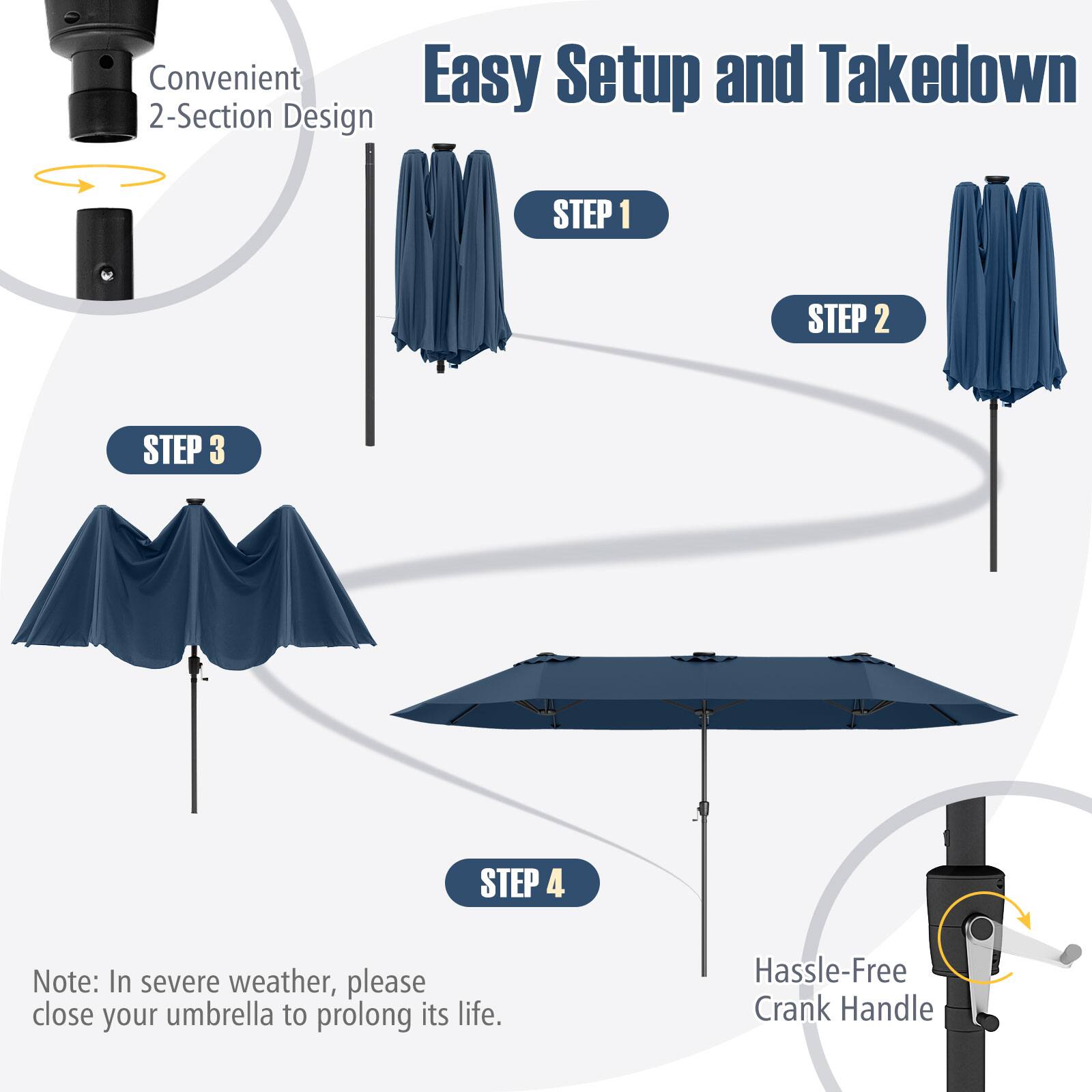 Convenient Easy Setup and Takedown 2-Section Design STEP 1 STEP 2 STEP 3 STEP 4 Note: In severe weather, please close your umbrella to prolong its life. Hassle-Free Crank Handle