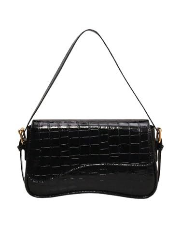 Front. Vulpecula Spade - Women's Leather Shoulder Bag Clutch Purses Trendy Hobo Crossbody Handbags Y2K Saddle Flap Underarm Purse - Black Crocodile.