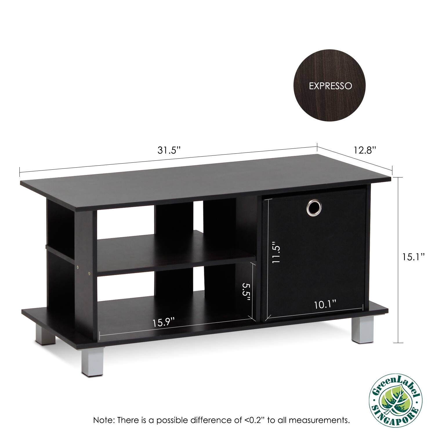 EXPRESSO

- Length: 31.5"
- Depth: 12.8"
- Height: 15.1"
- Shelf Height: 15.9"
- Drawer Height: 11.5"
- Drawer Width: 10.1"
- Drawer Depth: 5.5"

Note: There is a possible difference of <0.2" to all measurements.