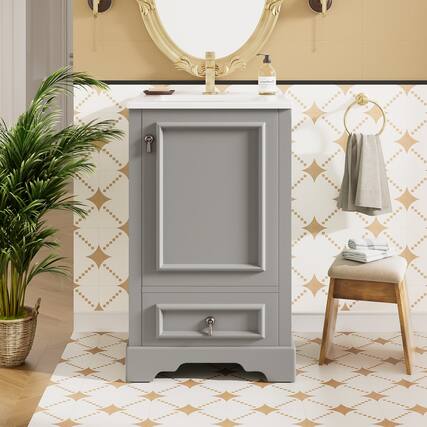 Front. Boyel Living - 20 Inch Gray Bathroom Vanity with Ceramic Sink, Adjustable Shelf, Compartment Drawer, Door Storage Rack - Gray.