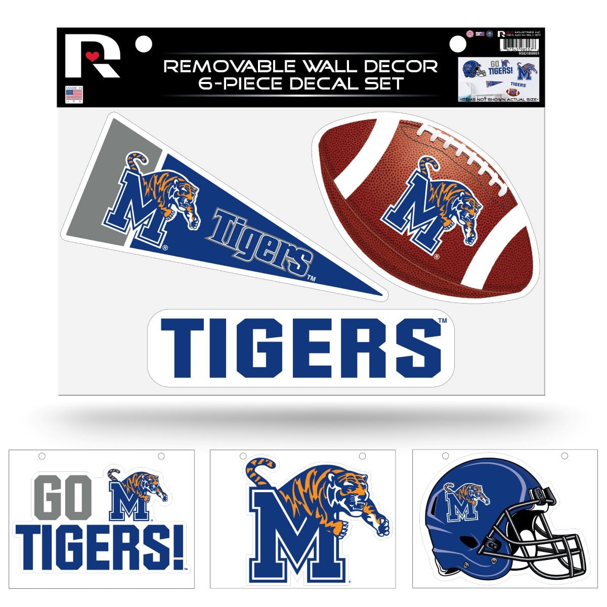 Rico Industries - Memphis Tigers Set of 6 Removable Wall Decal Stickers - Multi