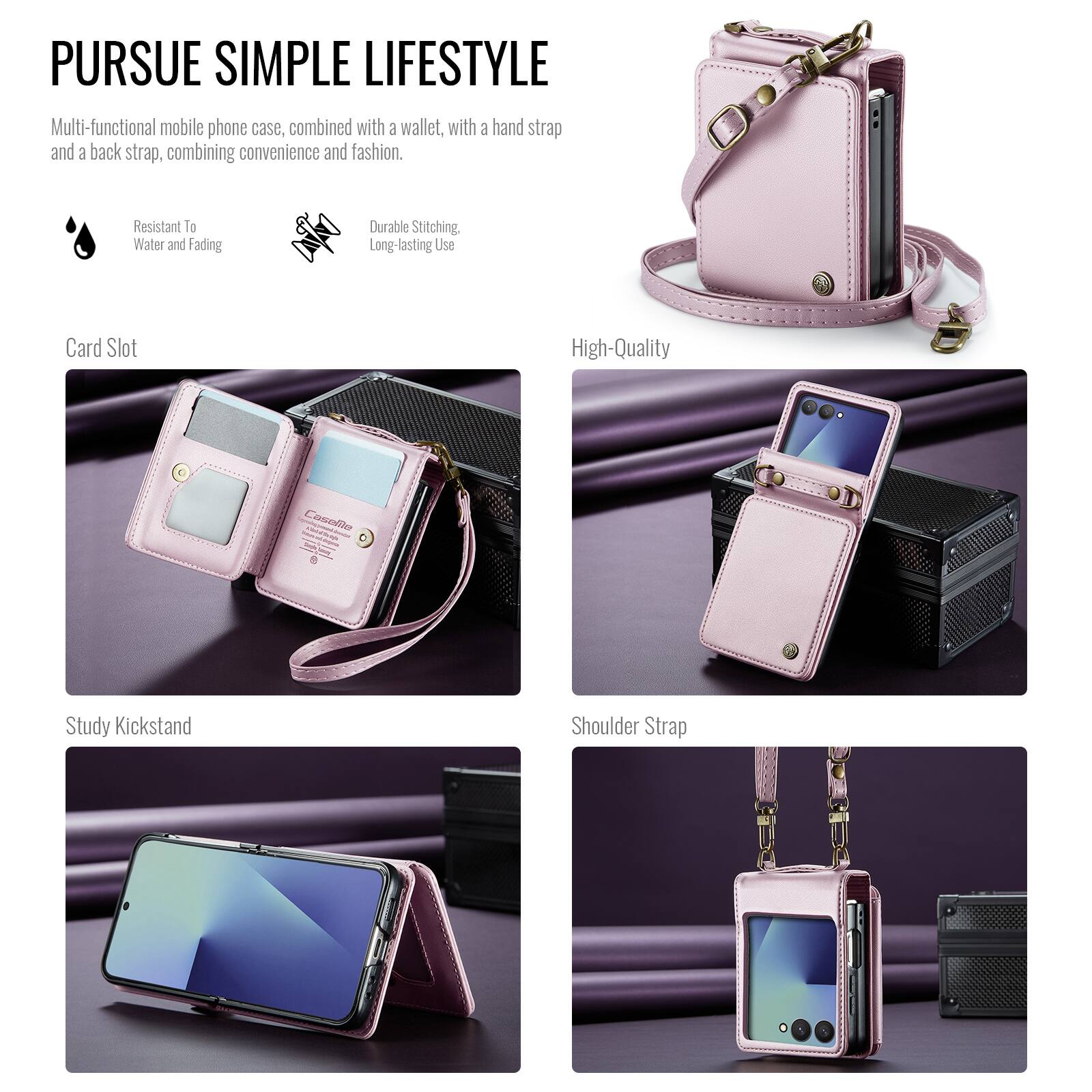PURSUE SIMPLE LIFESTYLE

Multi-functional mobile phone case, combined with a wallet, with a hand strap and a back strap, combining convenience and fashion.

- Resistant to Water and Fading
- Durable Stitching, Long-lasting Use
- High-Quality
- Card Slot
- Study Kickstand
- Shoulder Strap