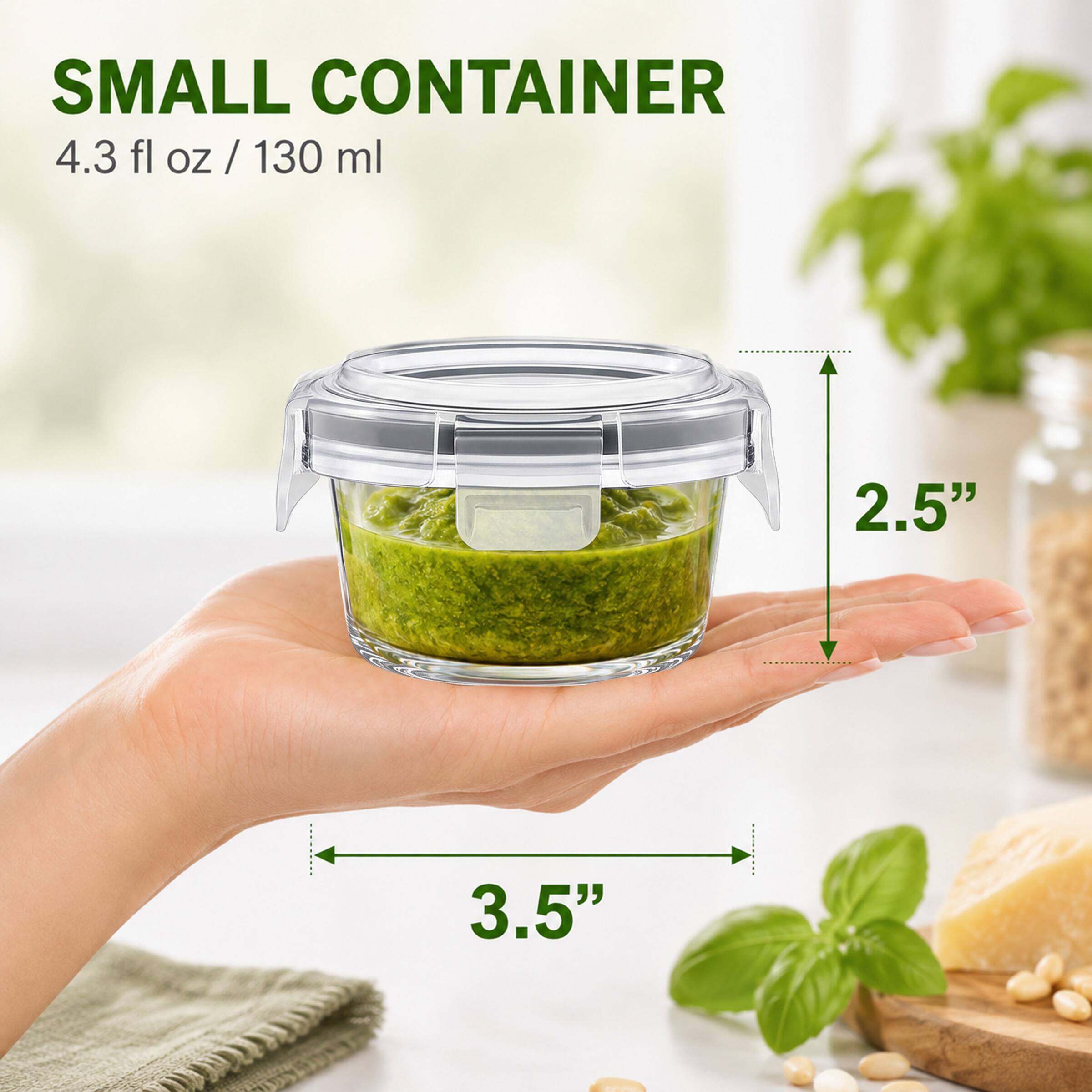 SMALL CONTAINER  
4.3 fl oz / 130 ml  
2.5"  
3.5"