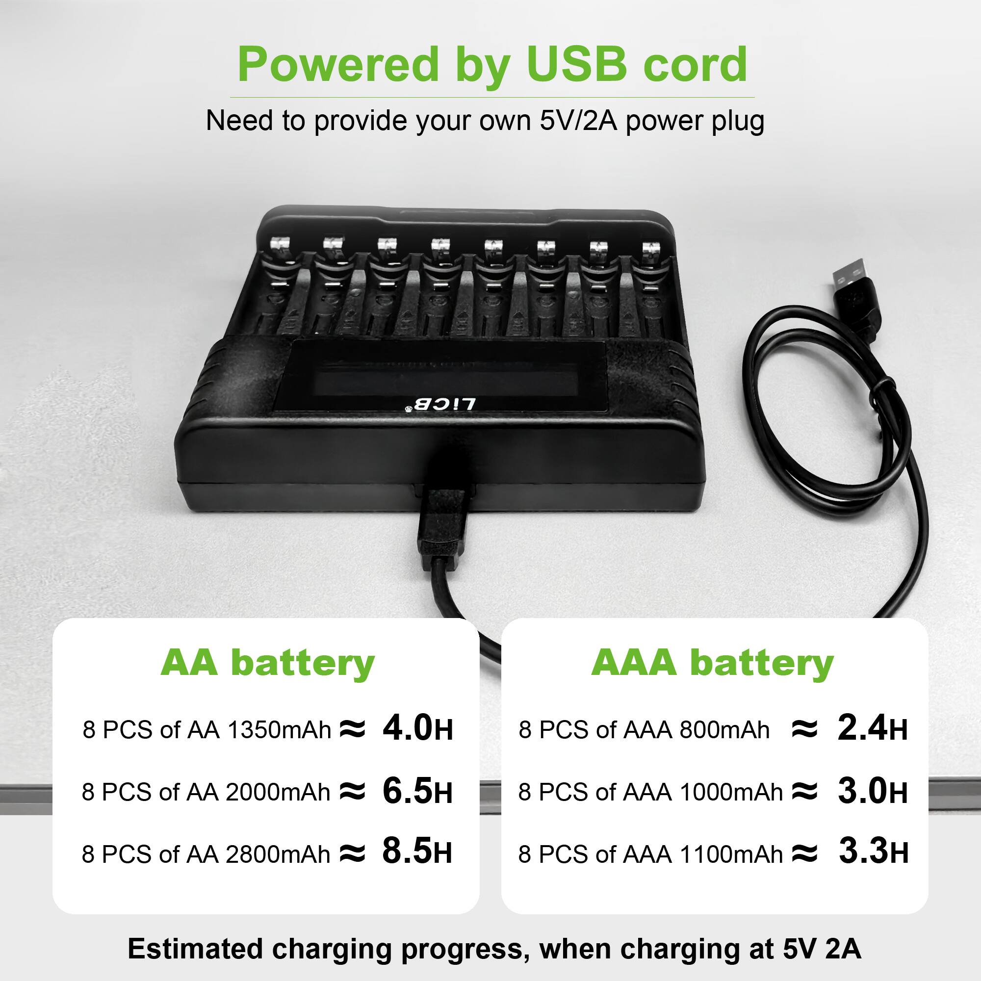 Powered by USB cord  
Need to provide your own 5V/2A power plug

**AA battery**  
8 PCS of AA 1350mAh ≈ 4.0H  
8 PCS of AA 2000mAh ≈ 6.5H  
8 PCS of AA 2800mAh ≈ 8.5H

**AAA battery**  
8 PCS of AAA 800mAh ≈ 2.4H  
8 PCS of AAA 1000mAh ≈ 3.0H  
8 PCS of AAA 1100mAh ≈ 3.3H

Estimated charging progress, when charging at 5V 2A