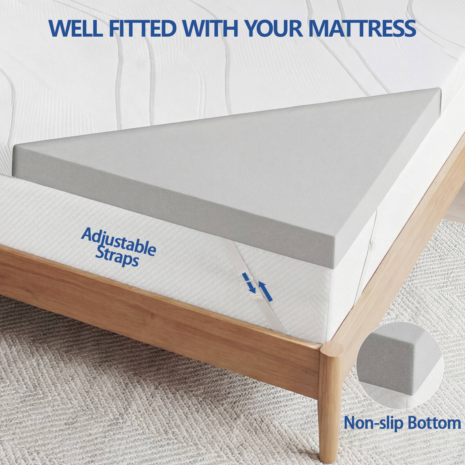 WELL FITTED WITH YOUR MATTRESS

Adjustable Straps

Non-slip Bottom