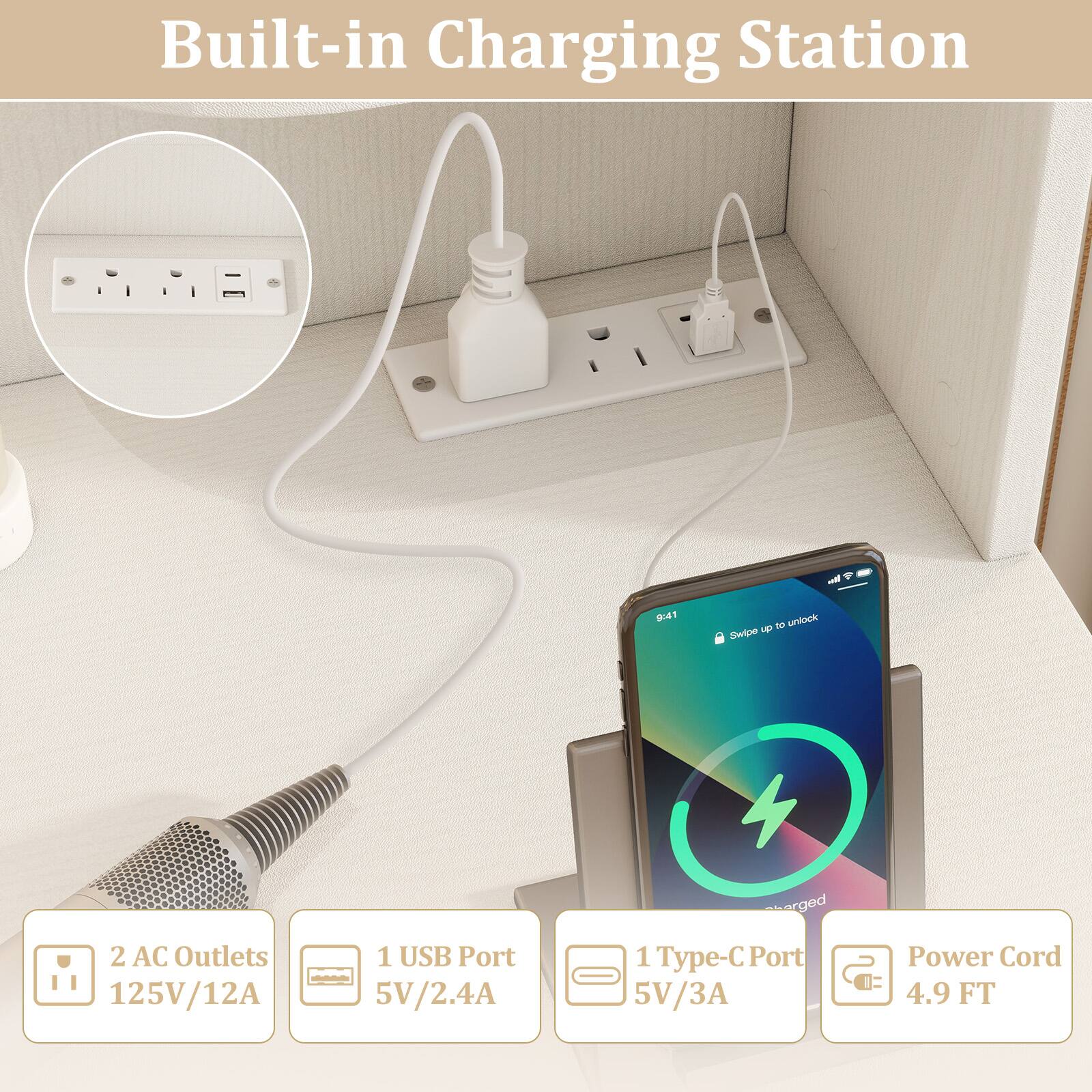 Built-in Charging Station

- 2 AC Outlets 125V/12A
- 1 USB Port 5V/2.4A
- 1 Type-C Port 5V/3A
- Power Cord 4.9 FT