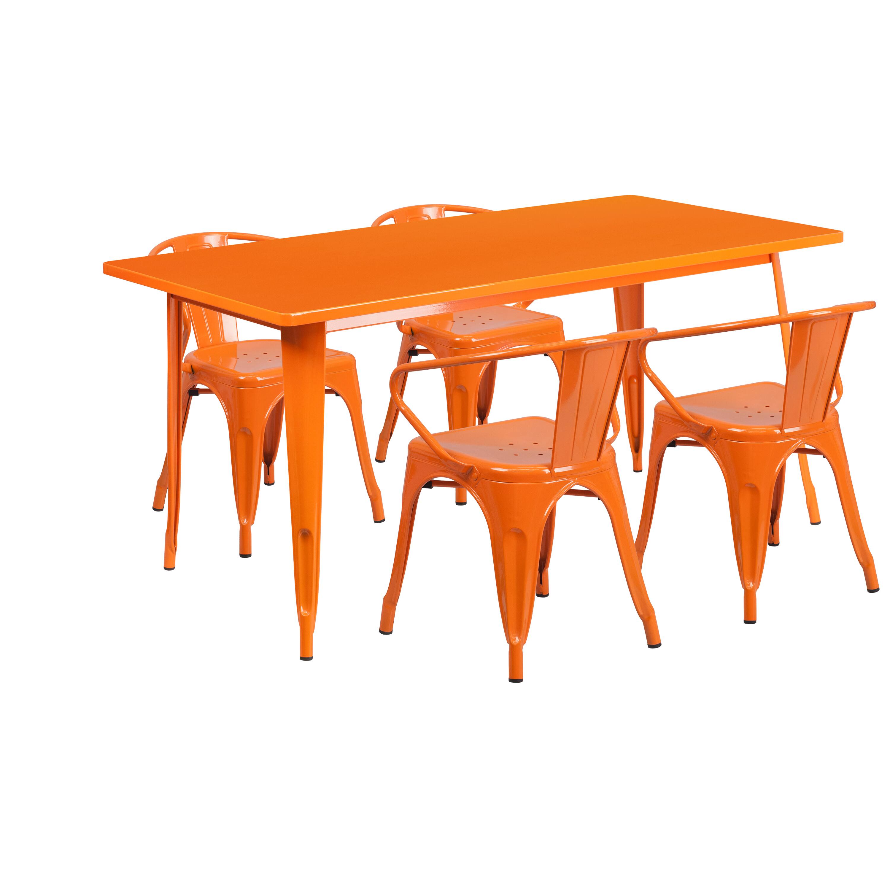 Alt View 1. Emma + Oliver - Commercial Grade Rectangular Metal Indoor-Outdoor Table Set with 4 Arm Chairs - Orange.