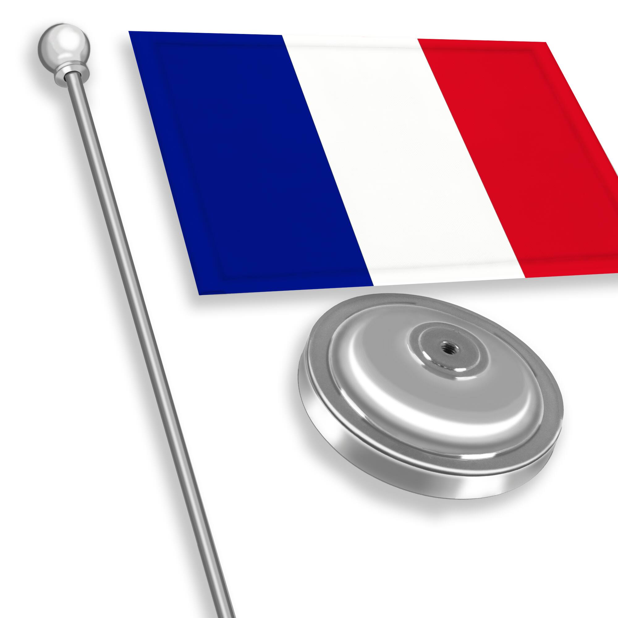 Angle. G128 - France Desk Flag Set, 8.5 x 5.5 inches Polyester Flag with 15-inch Metal Pole and Suede Base. - Assorted Colors.