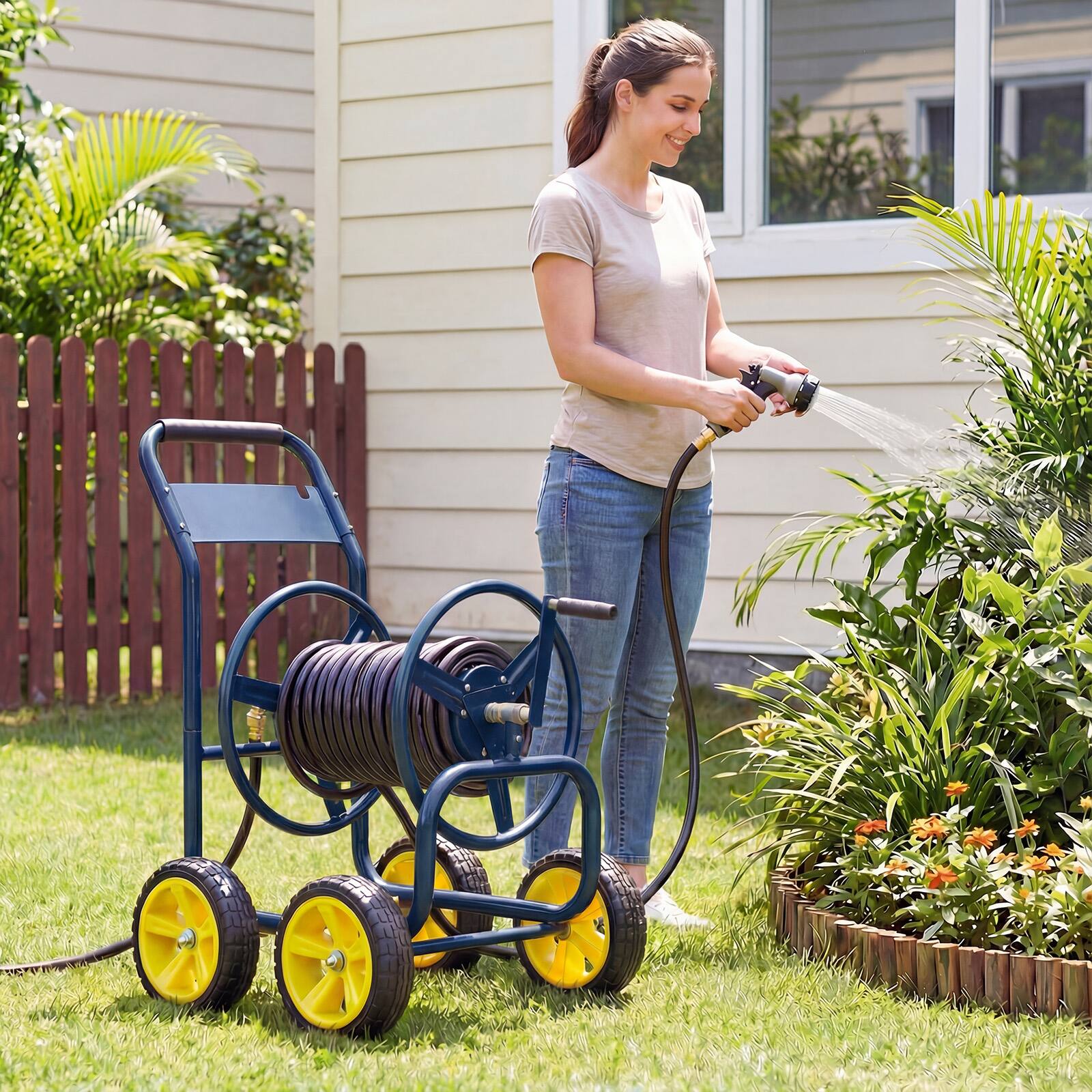 Alt View 3. Costway - Costway Garden Hose Reel Cart 4 Wheels, 330 ft 5/8" Large Capacity for Outside Yard Lawn - Navy.