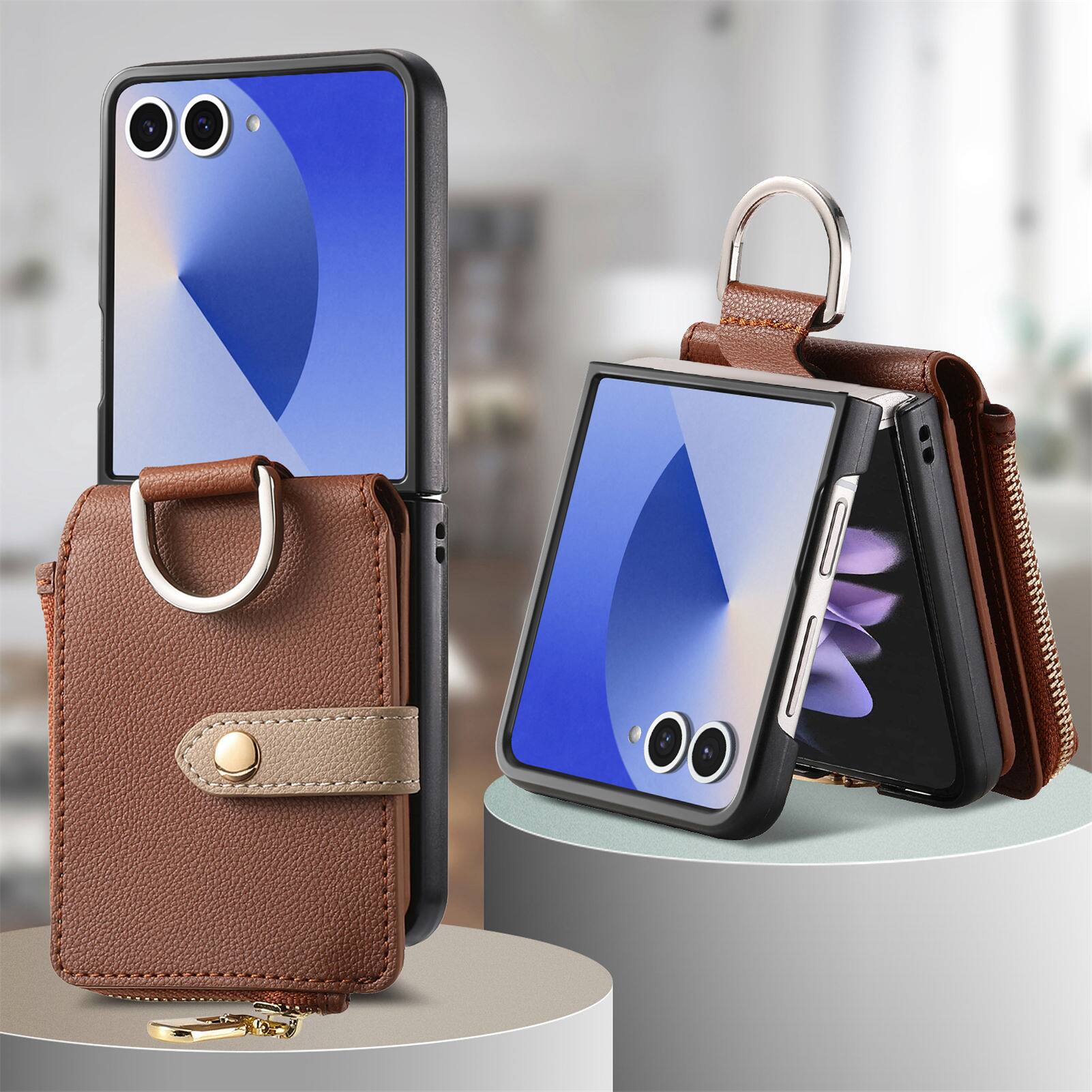 Alt View 5. Dteck - Flip Wallet Case for Samsung Galaxy Z Flip7,Built-in Metal Finger Ring,Shockproof Zipper Pocket PU Leather Cover - Brown.