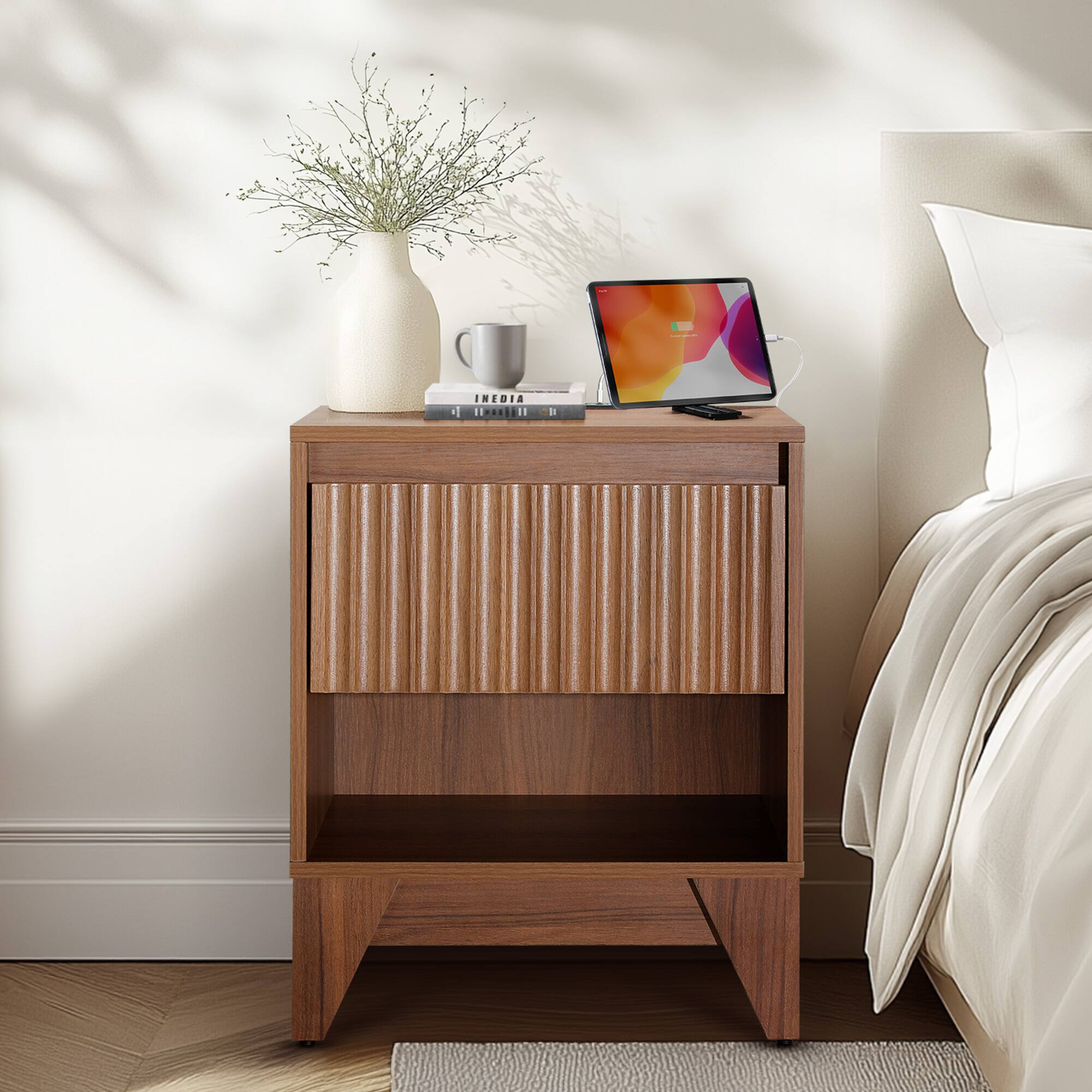 Left. Koligey - Drawer Nightstand With Charging Station, Versatile Side Table With Storage - brown.