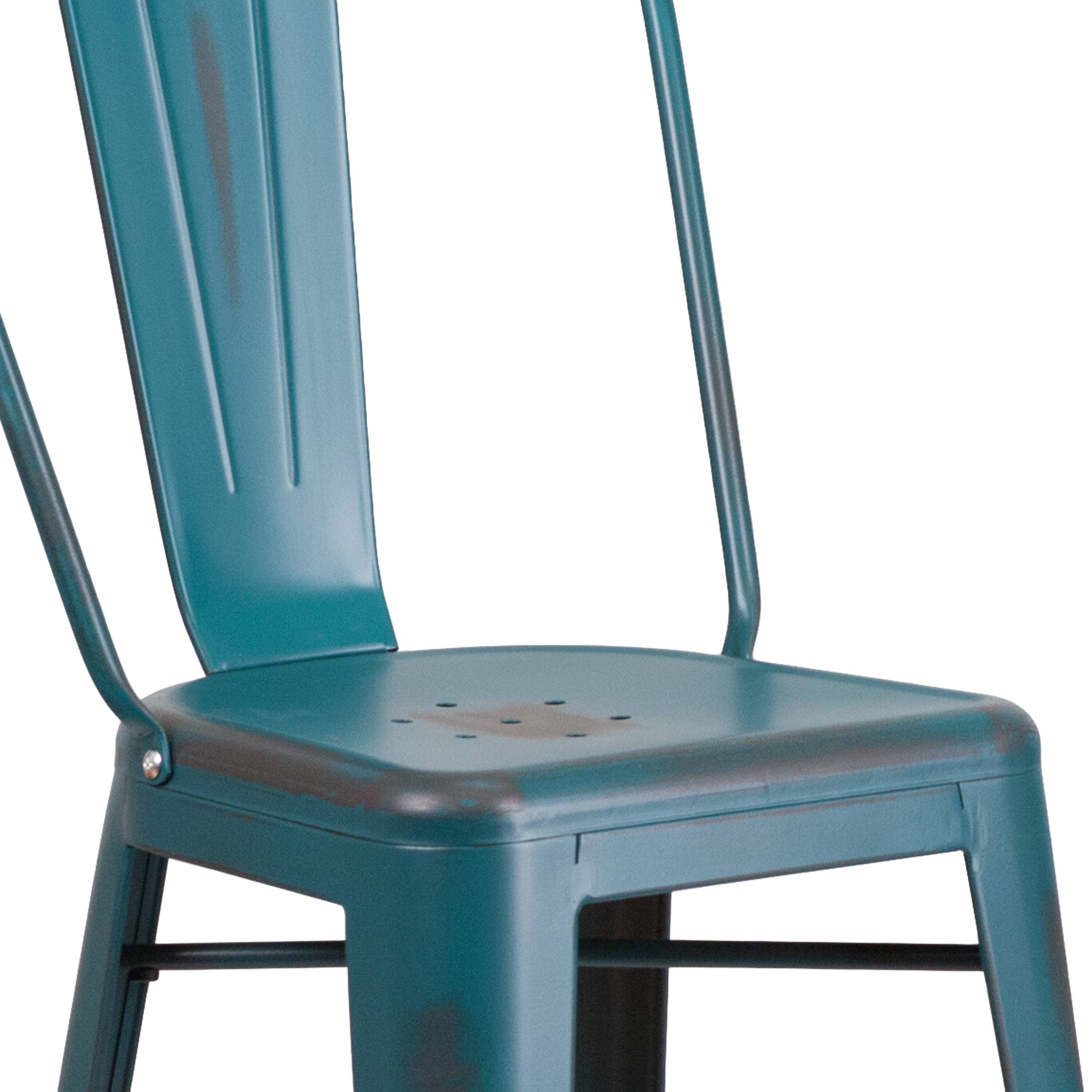 Alt View 9. Emma + Oliver - Commercial Grade 30"H Distressed Colorful Metal Indoor-Outdoor Barstool w/ Back - Kelly Blue-Teal.