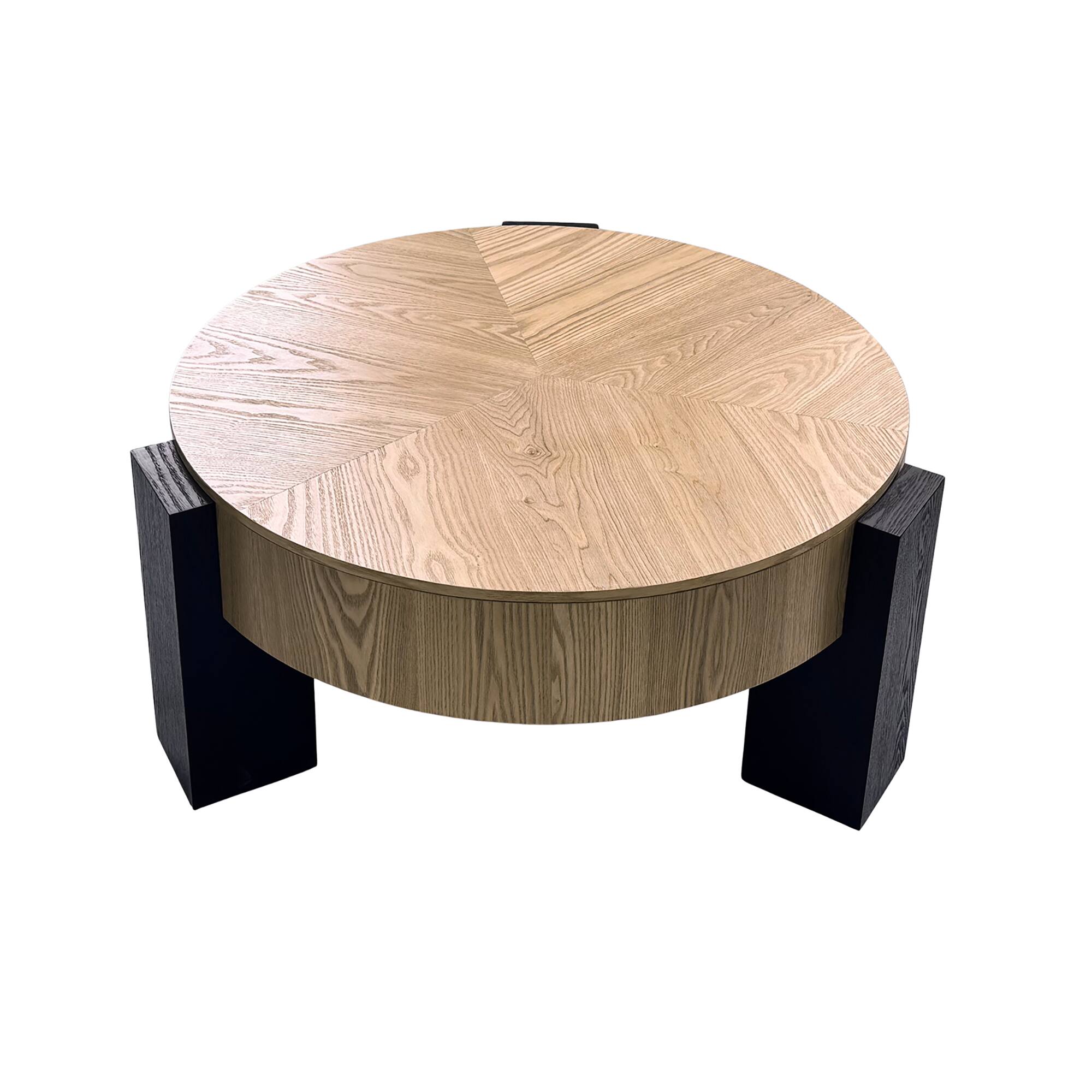 Alt View 8. Loheer - Loheer 33 Inch Round Coffee Table Hidden Storage Wabi Sabi Wood Parquet Veneer Center Table for Living Room - Matte Black,Natural Wood.