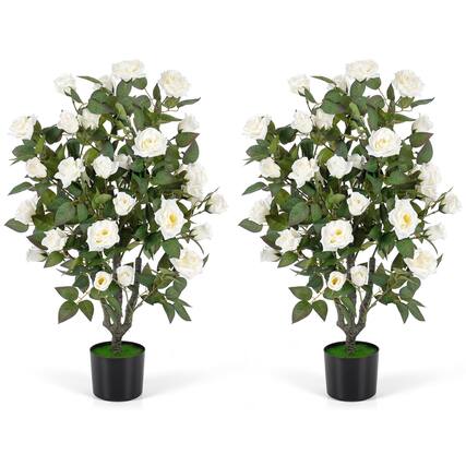 Front. Boyel Living - Set of 2 Artificial Rose Tree with Blooming Flowers and Green Leaves for Indoor-White - White.