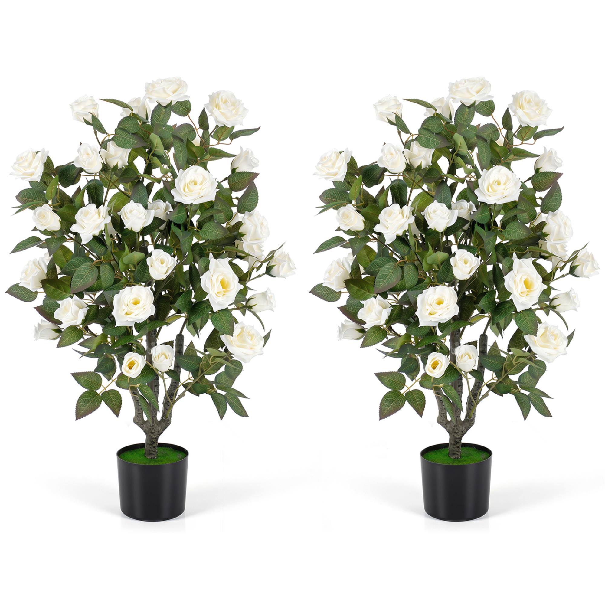 Front. Boyel Living - Set of 2 Artificial Rose Tree with Blooming Flowers and Green Leaves for Indoor-White - White.