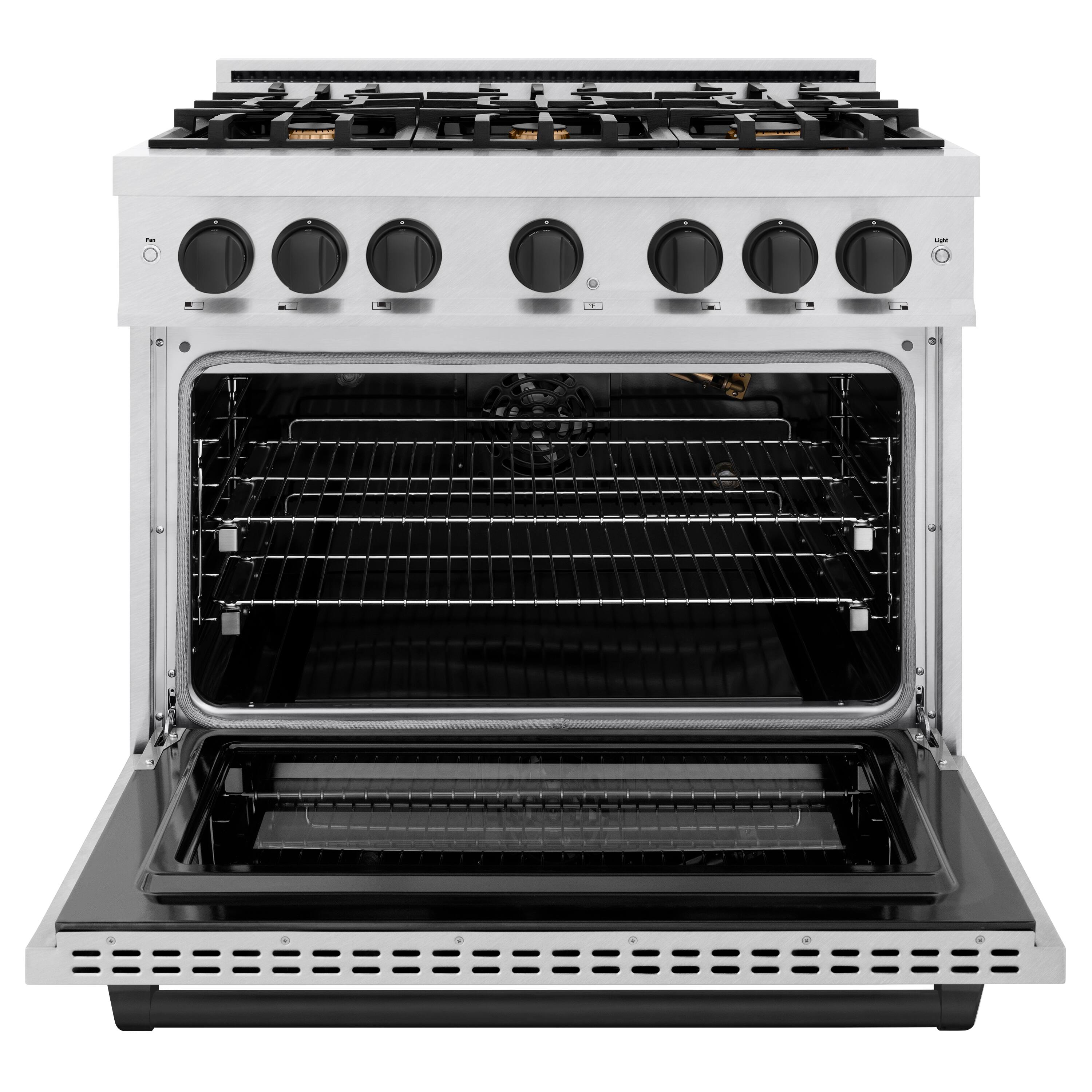 Left. ZLINE - ZLINE Autograph 36 in. Freestanding Select Satin Steel Gas Range w/ 6 Burners & Black Accents - Satin Stainless Steel.