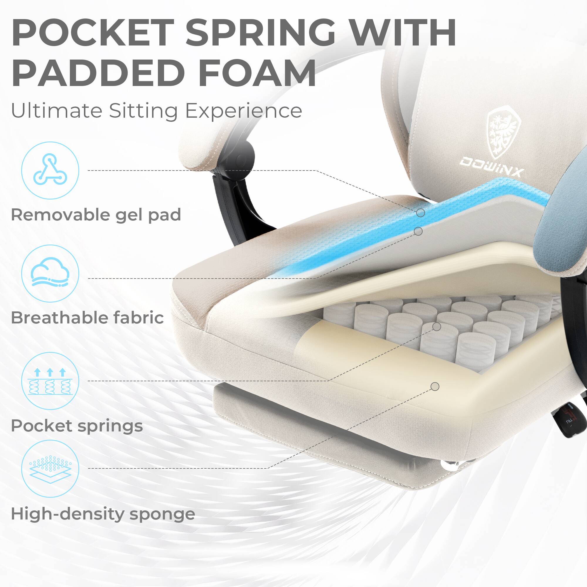 POCKET SPRING WITH PADDED FOAM  
Ultimate Sitting Experience  

- Removable gel pad  
- Breathable fabric  
- Pocket springs  
- High-density sponge