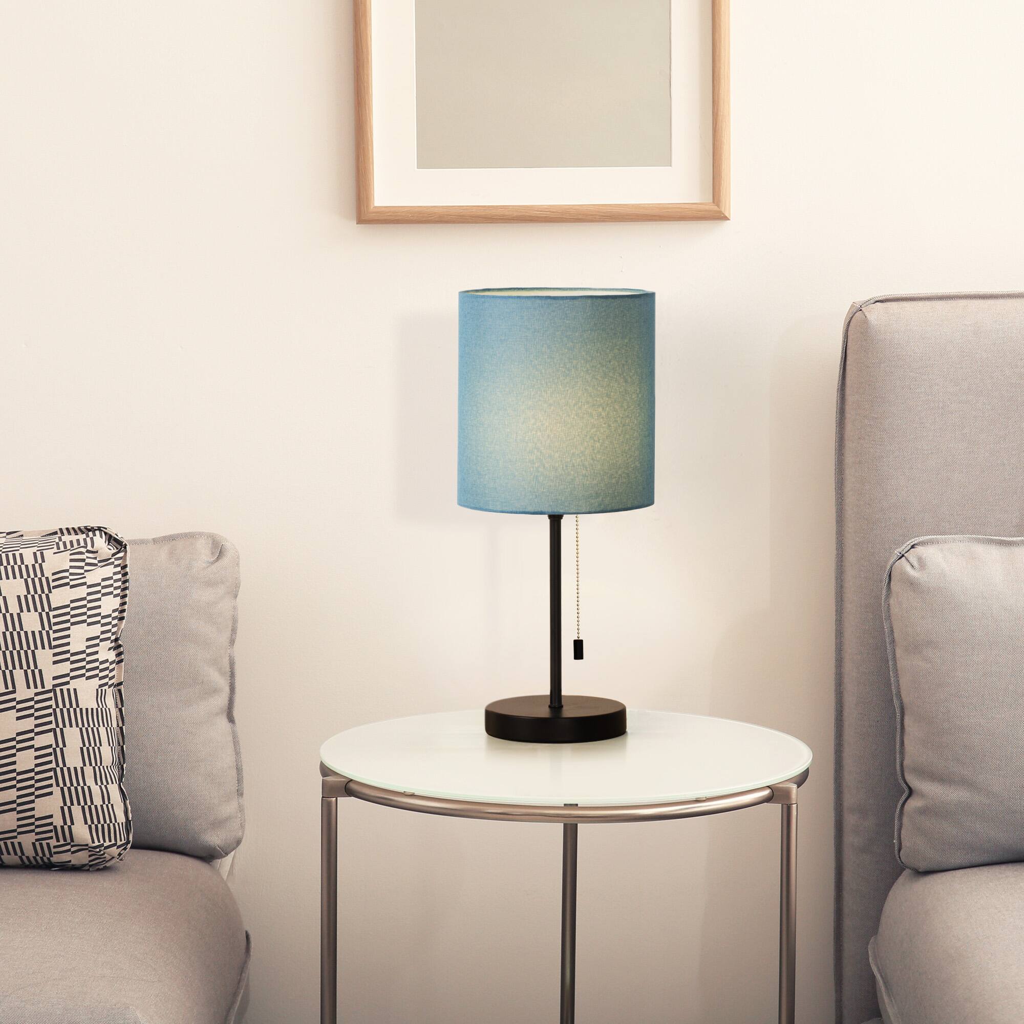 Back. Oumilen - Pull Chain Black Metal Table Lamp with Teal Linen Shade.